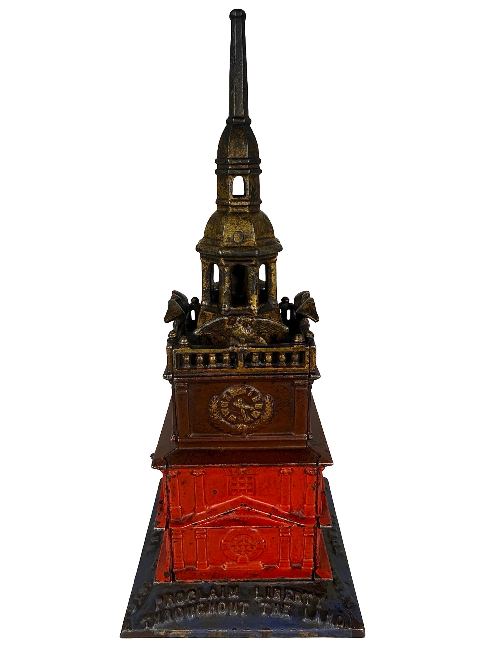 Independence Hall Tower Bank: Desirable Deluxe Painted Finish. Made by Enterprise Mfg. Company. Philadelphia - Ca. 1876 - 9 1/2" Tall. Bob and Shirley Peirce Collection.