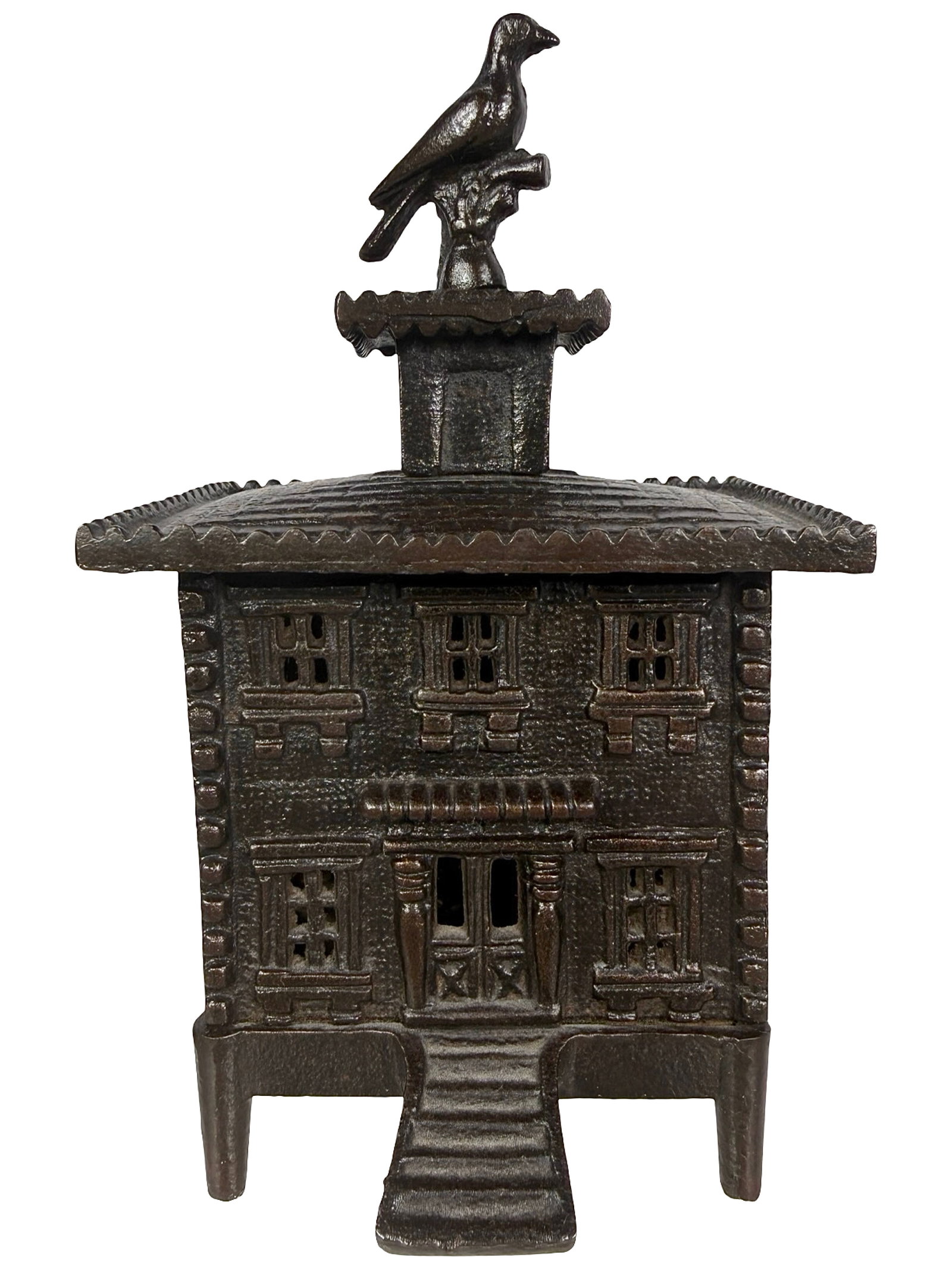 Cupola with Bird on Roof - Still Bank: Unknown French Maker. Circa 1890's - 6 1/2" T. Shown on P. 227 in Peirce Book. The Tom Kellogg Collection.