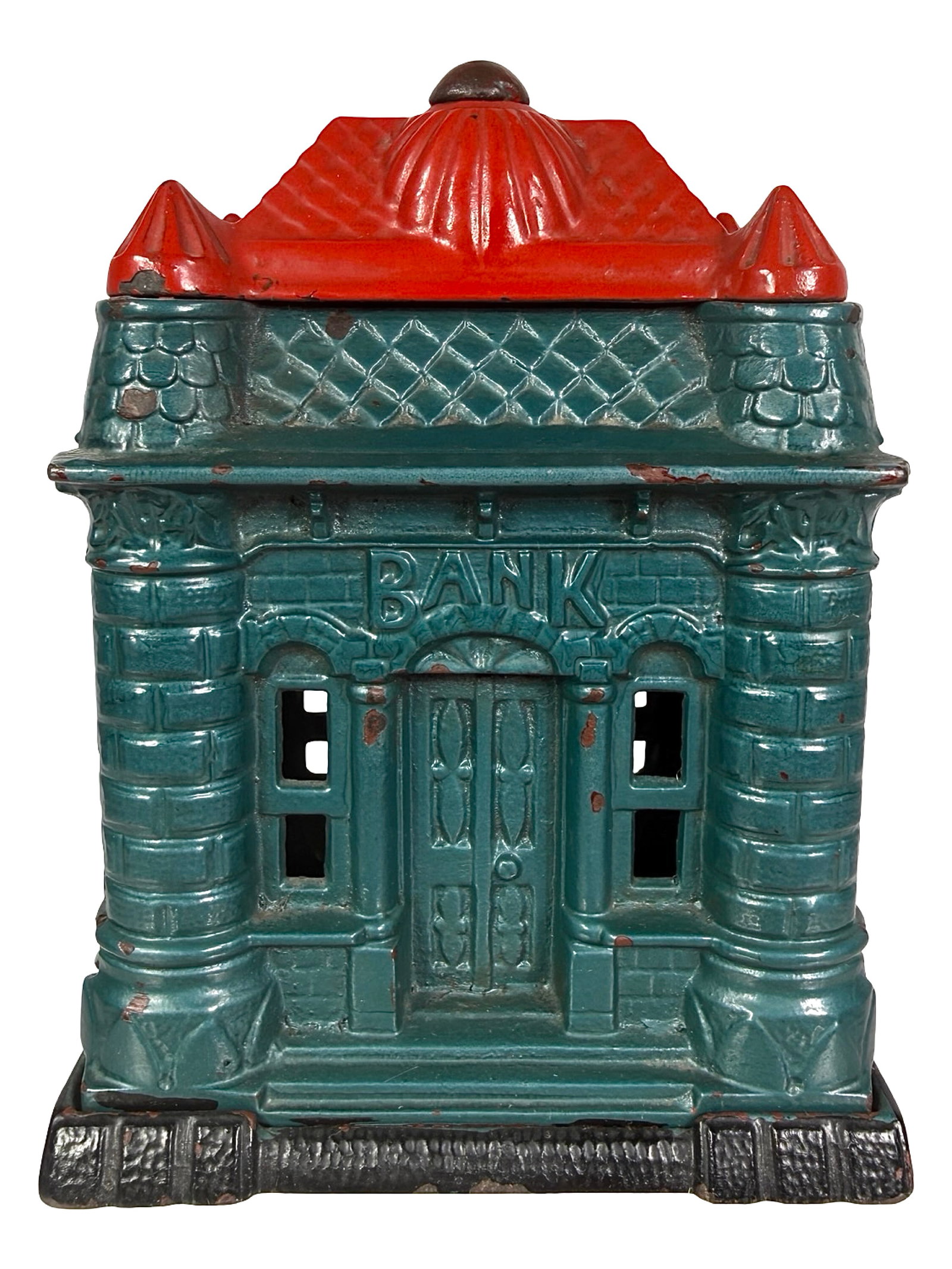 Blue and Red Four Tower Bank: Rare Multicolor Finish. By J. & E. Stevens Company. Cromwell, Ct. - 1890's - 5 3/4" T. Shown on P. 151 in Peirce Book. The Tom Kellogg Collection.