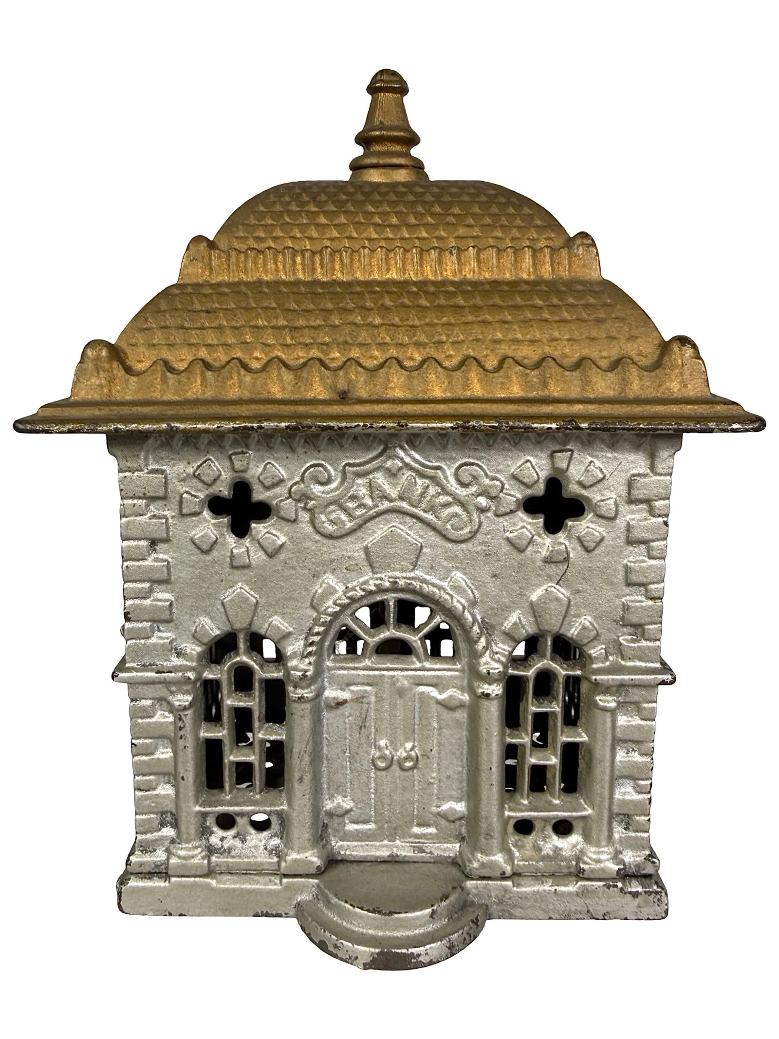 Silver & Gold Home Savings Bank: By the Shimer Toy Company. Penn. - Circa 1899 - 5 7/8" T. The Clayton Luther Collection. This toy bank is a real dazzler.
