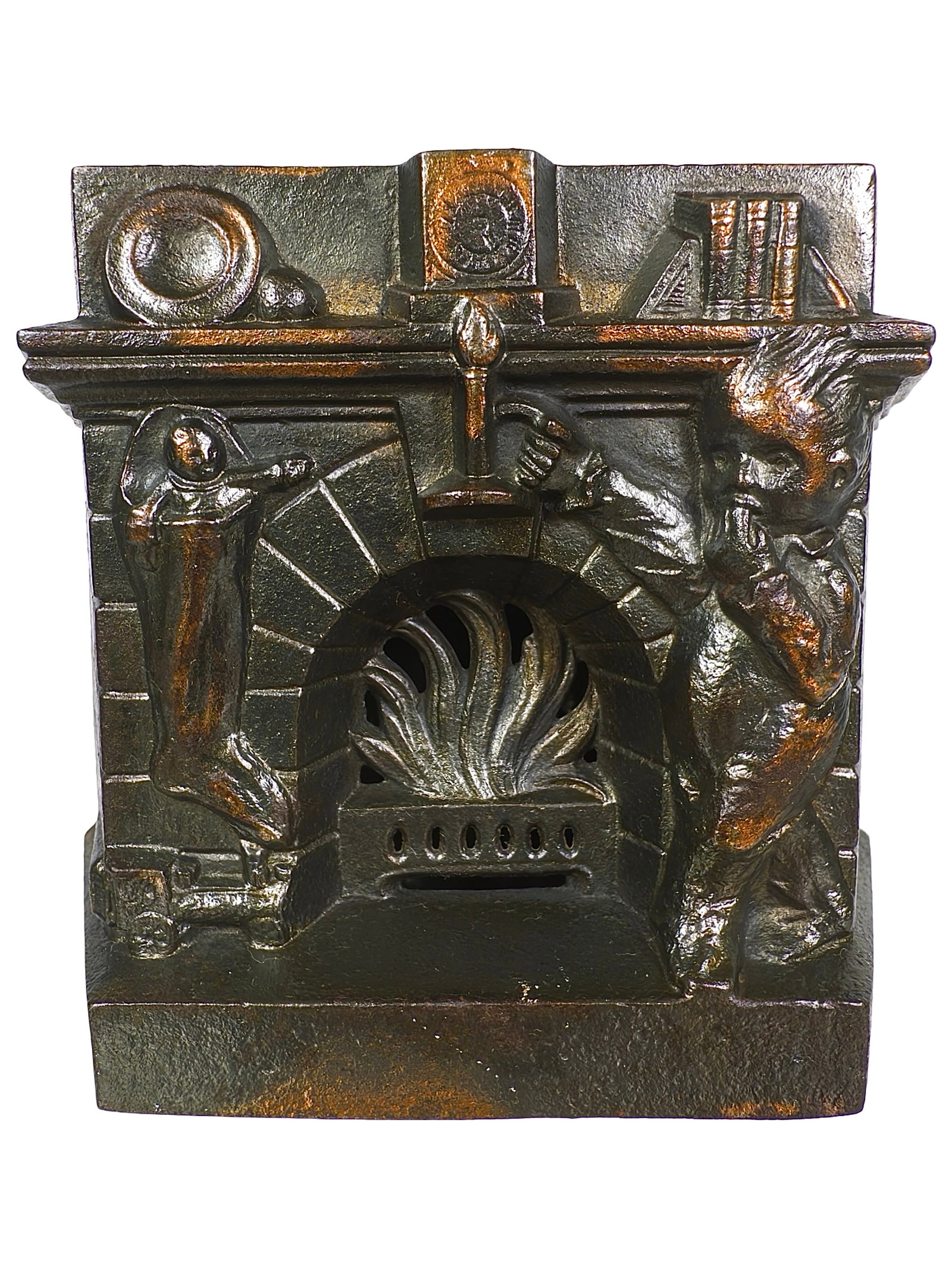 The Fireplace Bank: By the Grey Iron Casting Company. Mount Joy, Pa. - Circa Early 1910's. 3 1/2" Tall x 4 1/4" Wide x 1 3/4" Deep. The Tom Kellogg Collection. Grey Iron's chosen nomenclature for this charming plaything 