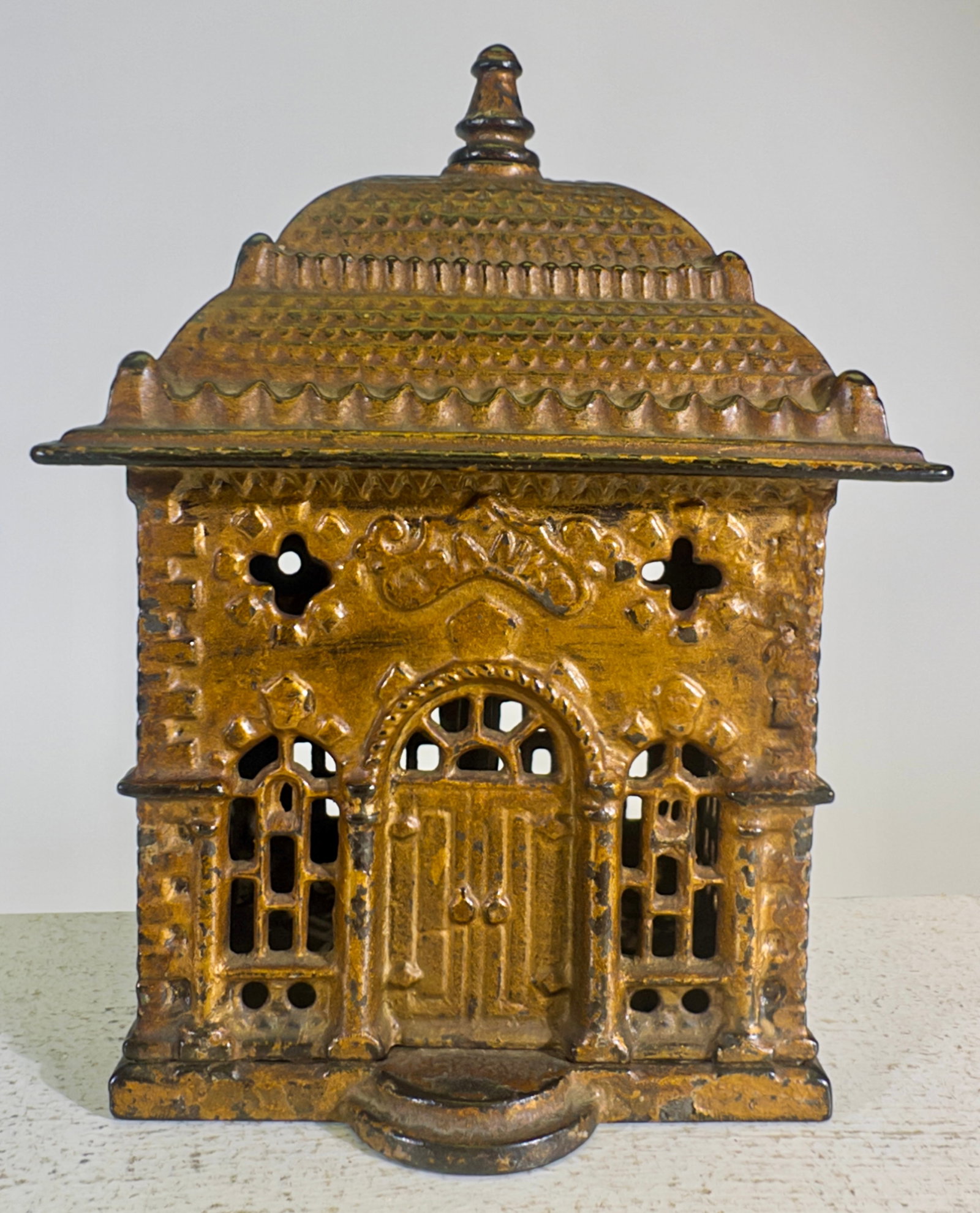 Home Savings Bank - Scarce in Gold/Copper: J & E Stevens Company. Cromwell, CT. 1890's. 6" Tall x 4 1/2" Wide. Clayton Luther Collection.