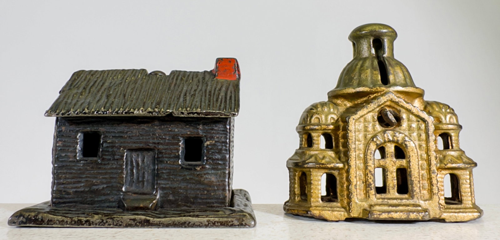 Log Cabin & Small Mosque - Cast Iron Still Banks: American 1880/1915. Mosque is 3 1/4" Tall x 3 1/8" Wide. Clayton Luther Collection