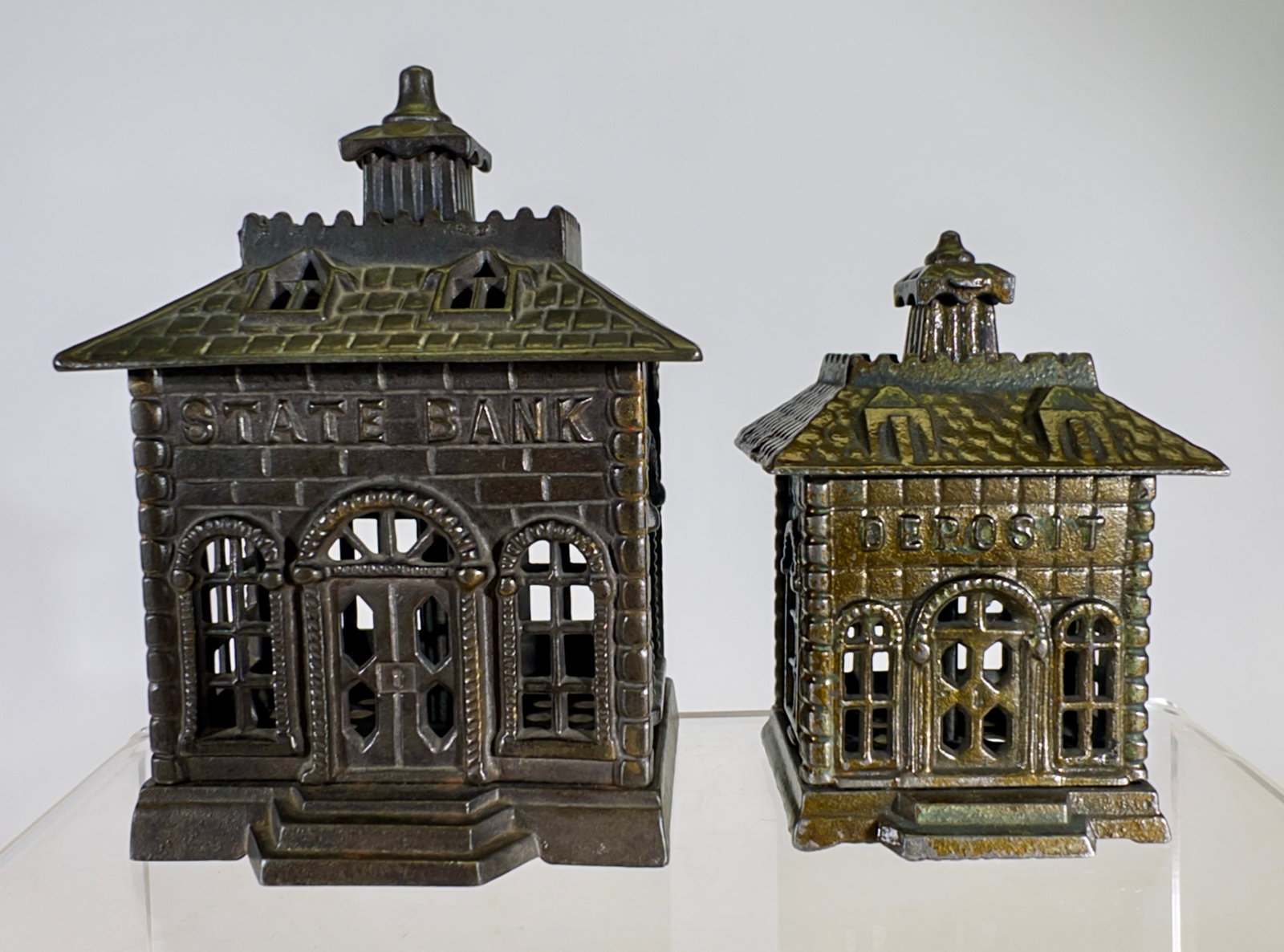 Deposit Bank & State Bank with Straight Letters: Grey Iron Casting Company. Mount Joy, PA. 1905. Taller is 5 1/2" Tall x 4 1/8" Wide. Tom Kellogg Collection.