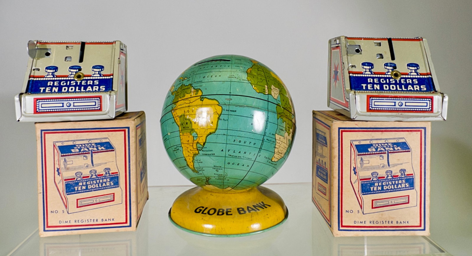 (2) Boxed Cash Register Banks and a Globe Bank (1 of 2)