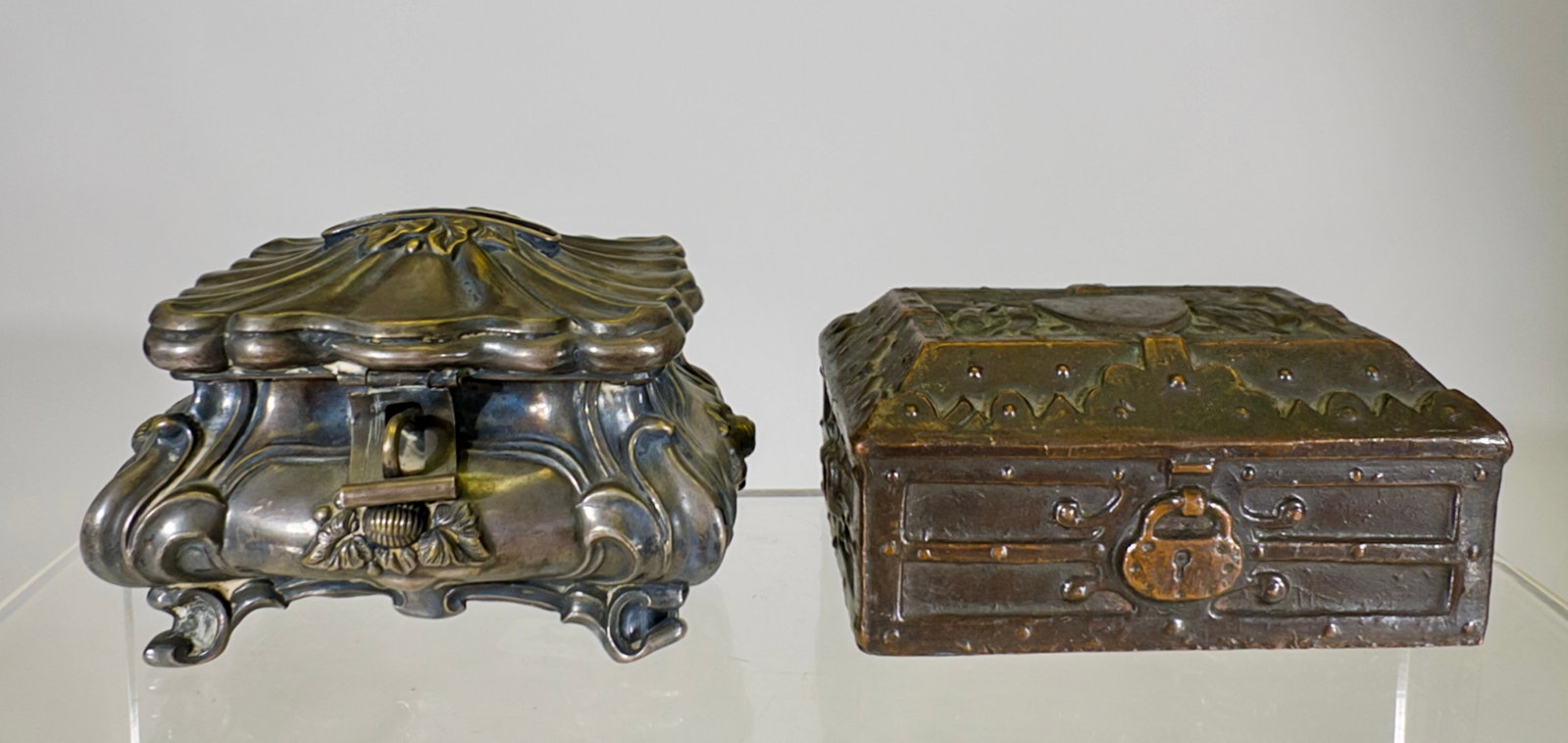 Silver Tin Chest & Cast Iron Pirate Chest - Still Banks: English/American - 1920's. 2" Tall x 3 1/4" Wide. Tom Kellogg Collection.