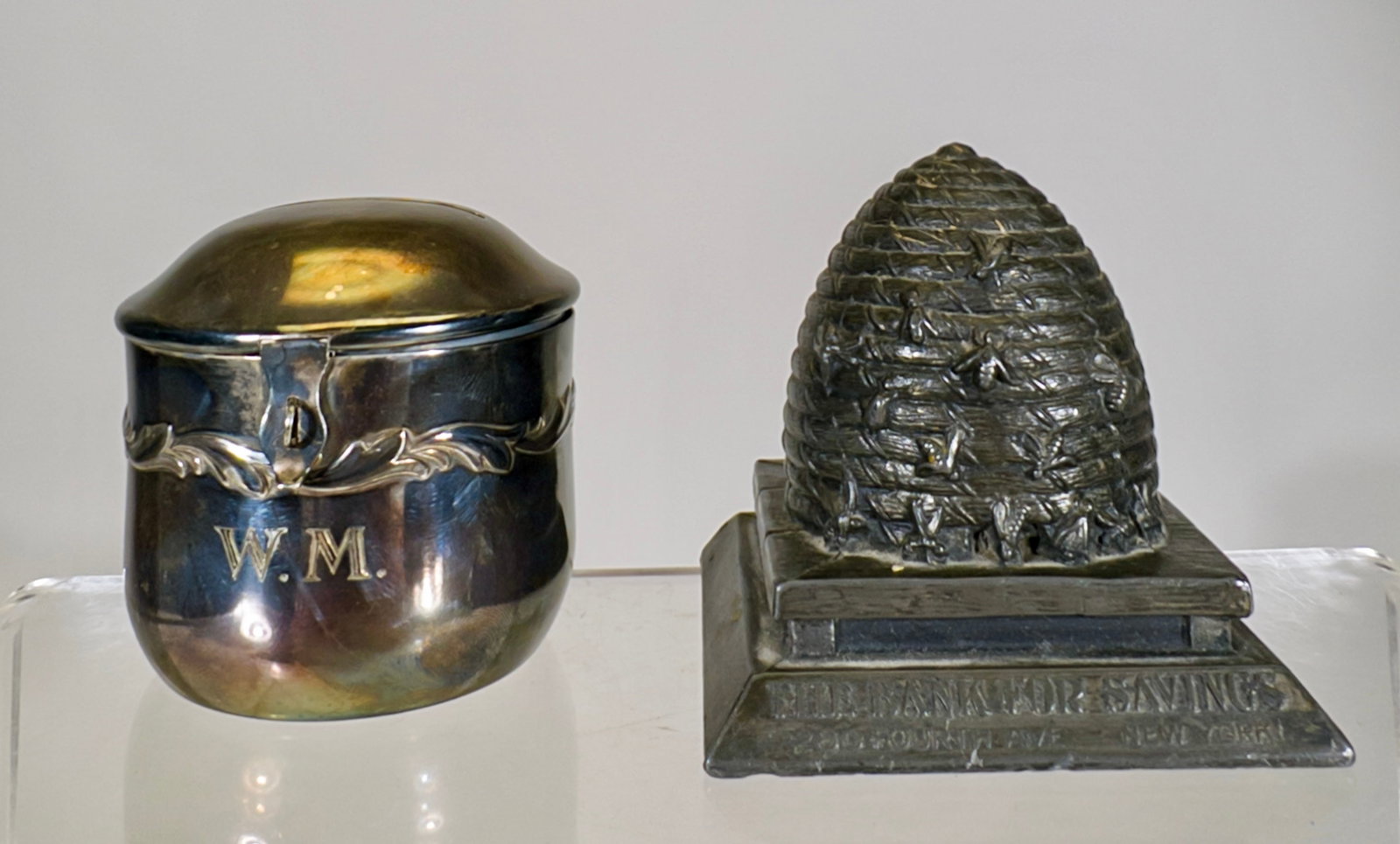 Lead Beehive & Silvered Tin Cylinder - Still Banks: American - 1930's. 3" Tall x 3 1/8" Wide. Tom Kellogg Collection.