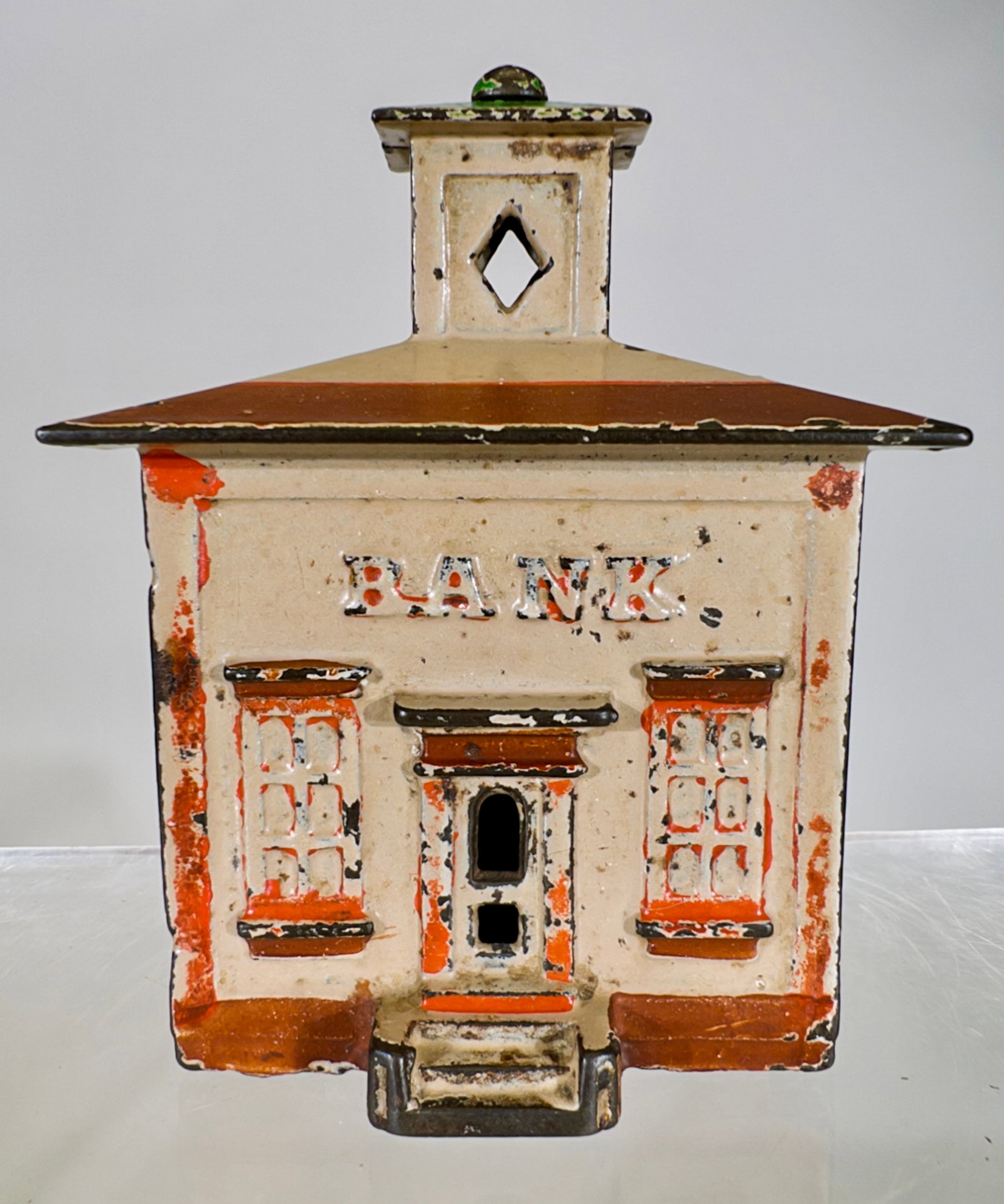 Medium Cupola - Cast Iron Bank - Beige, Brown, Red and Green: J & E Stevens Company. Cromwell, CT. - 1870's. 4 1/4" Tall x 3 1/4" Wide. Tom Kellogg Collection.