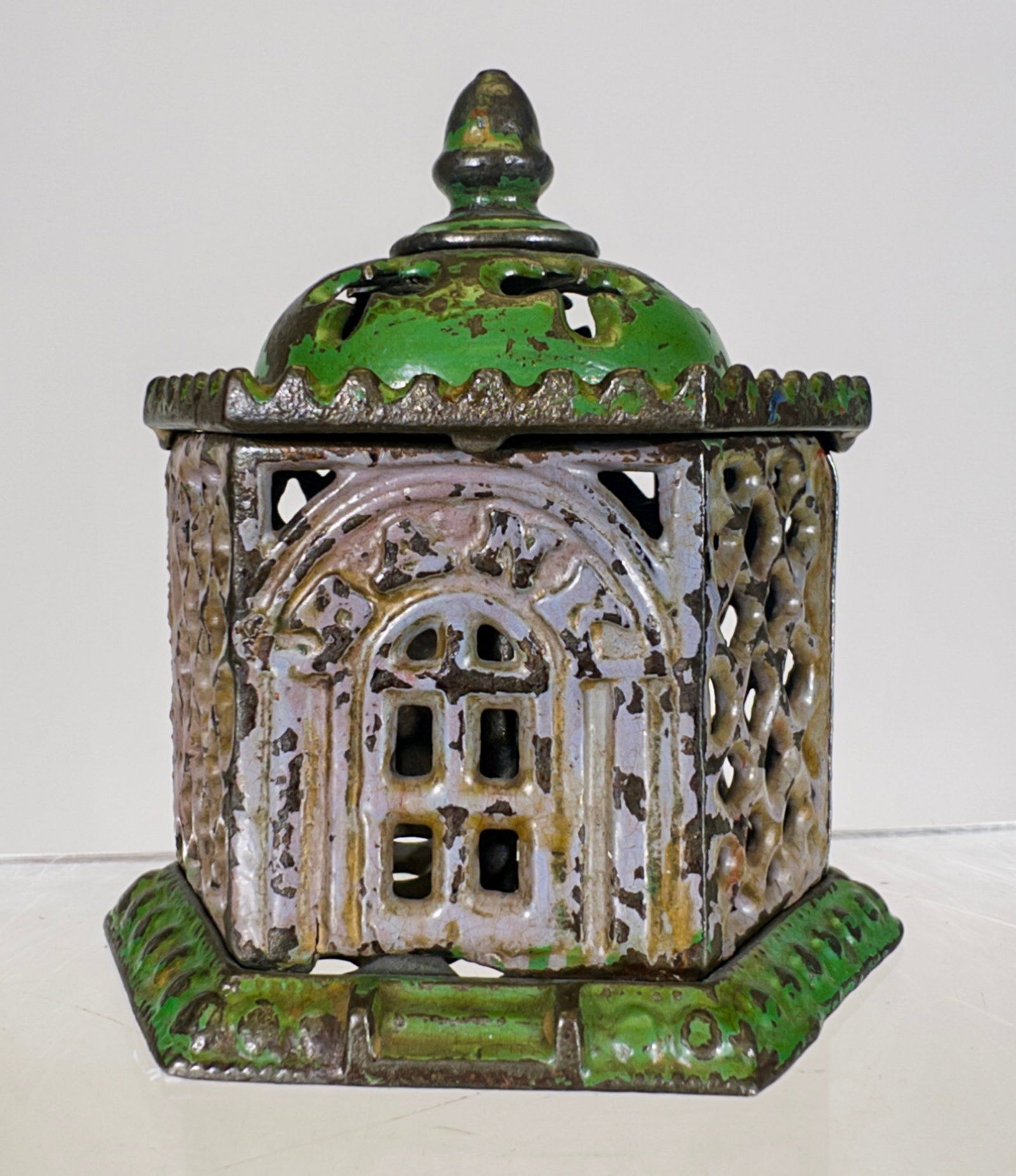 Pavillion - Cast Iron Building Bank: Kyser and Rex Company. Philadelphia, PA. - 1880's. 3 1/8" Tall x 3 1/8" Wide. Tom Kellogg Collection.