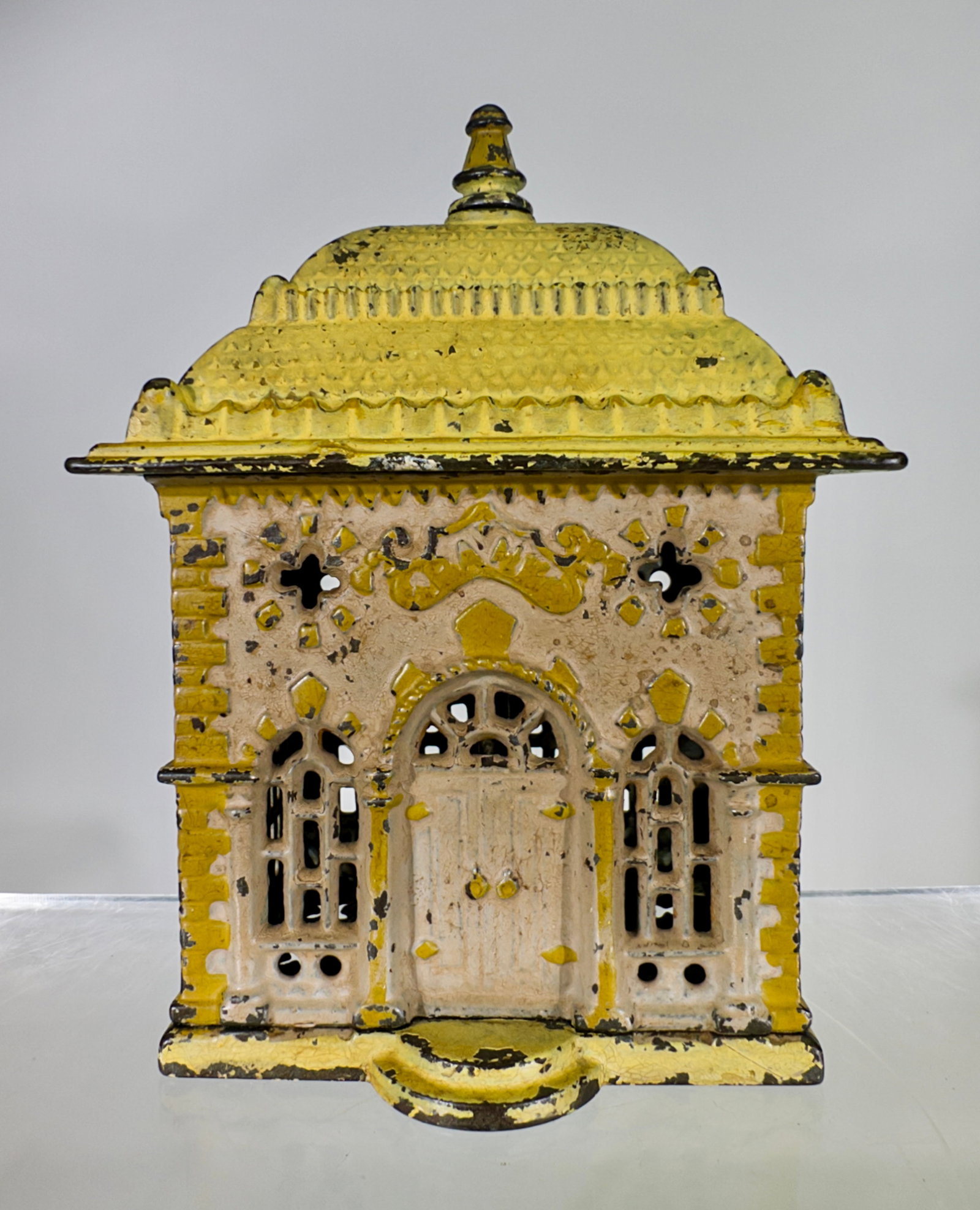 Home Savings Bank - Multicolor Example: J & E Stevens Company. Cromwell, CT. - 1890's. 6" Tall x 4 1/2" Wide. Tom Kellogg Collection.