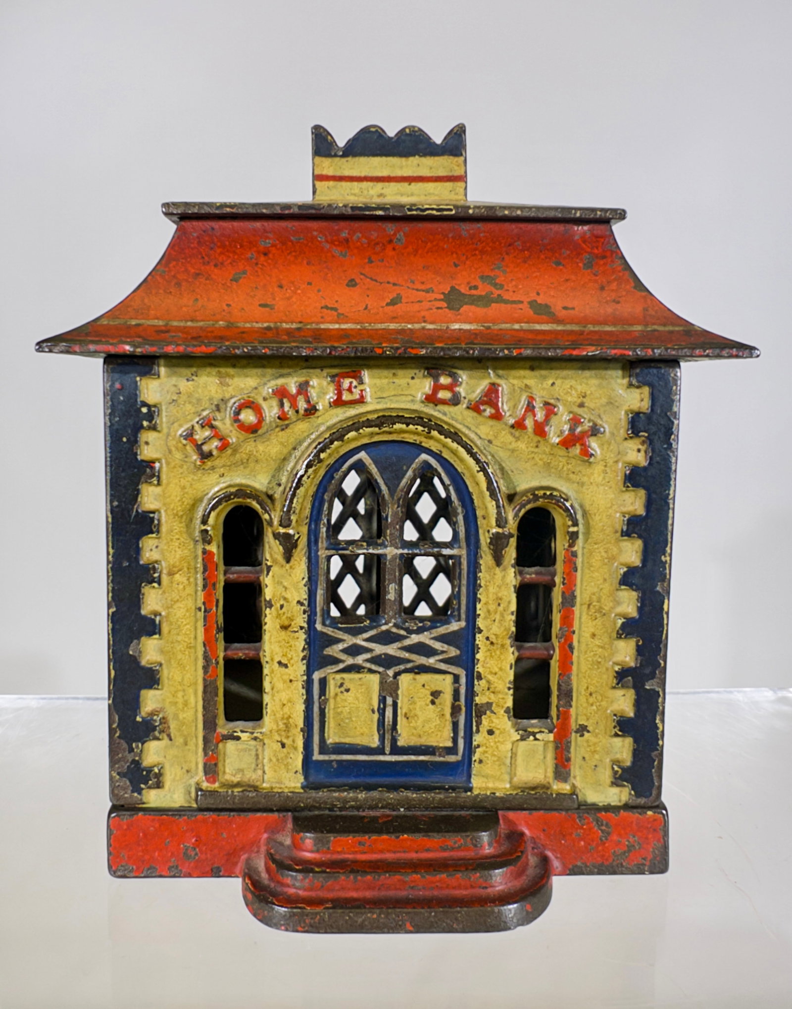 Home Bank - Deep Version: J & E Stevens Company. Cromwell, CT. - 1870's. 5 1/4" Tall x 4 1/4" Wide x 4 1/4" Deep. Tom Kellogg Collection.