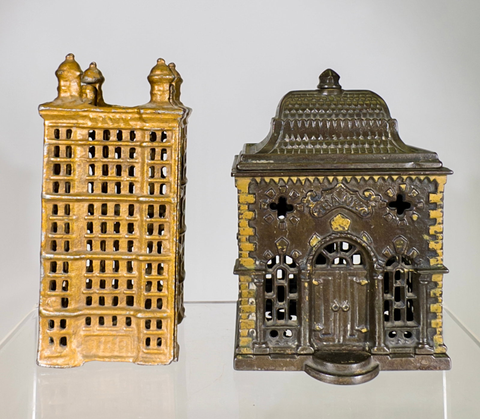 Two Cast Iron Building Banks: American -1890/1920's. 5 1/2" Tall x 2 1/2" Square.