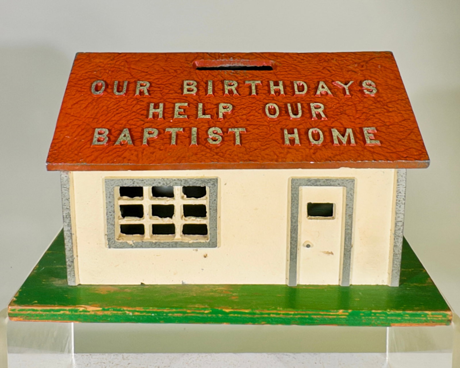 Baptist Home Alms Bank - Aluminum and Wood: American 1930's - 5 1/4"T x 9"W x 6"D