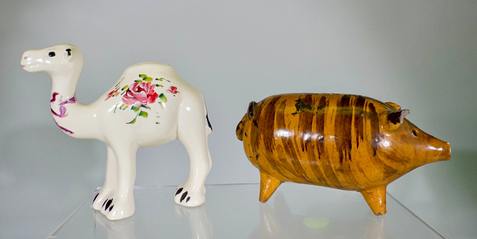 Two Ceramic Banks: Mexican/European 1930's - Camel is 5"T x 5 1/2"W