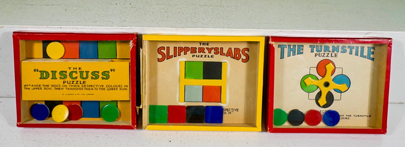 Three Dexterity Puzzles: Made by R. Journet - London 1940/50's - 4"T x 5"W