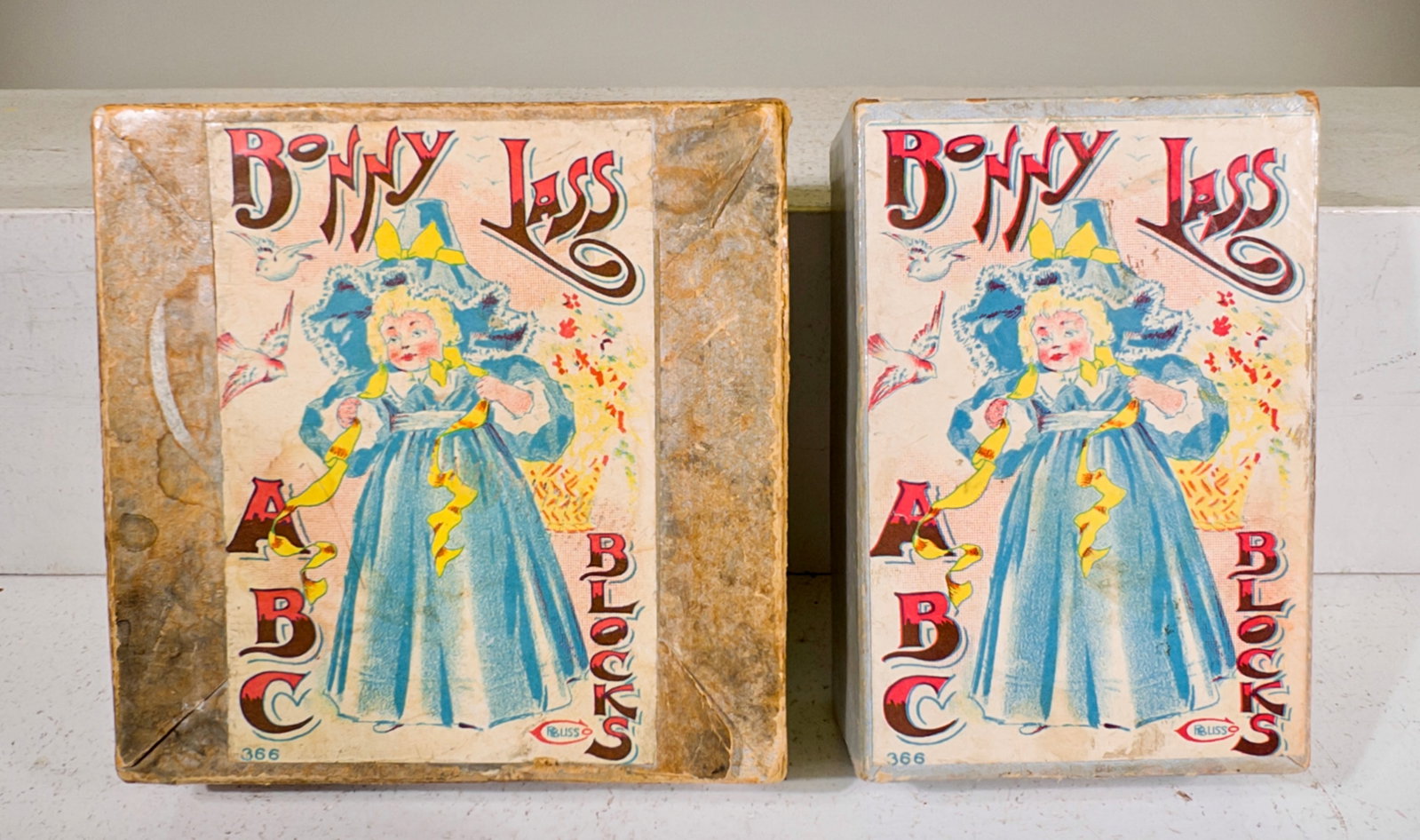 Bonny Lass ABC Puzzle Blocks: R. Bliss Company - Pawtucket, RI. 1920's - Larger Box is 5"T x 5"W