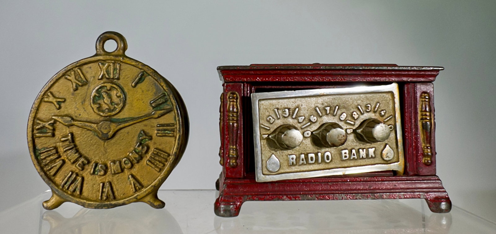 Three Dial Radio/ Time is Money Clock Bank: American 1920/30s - 2 3/4" T x 4 1/2" L (Radio)
