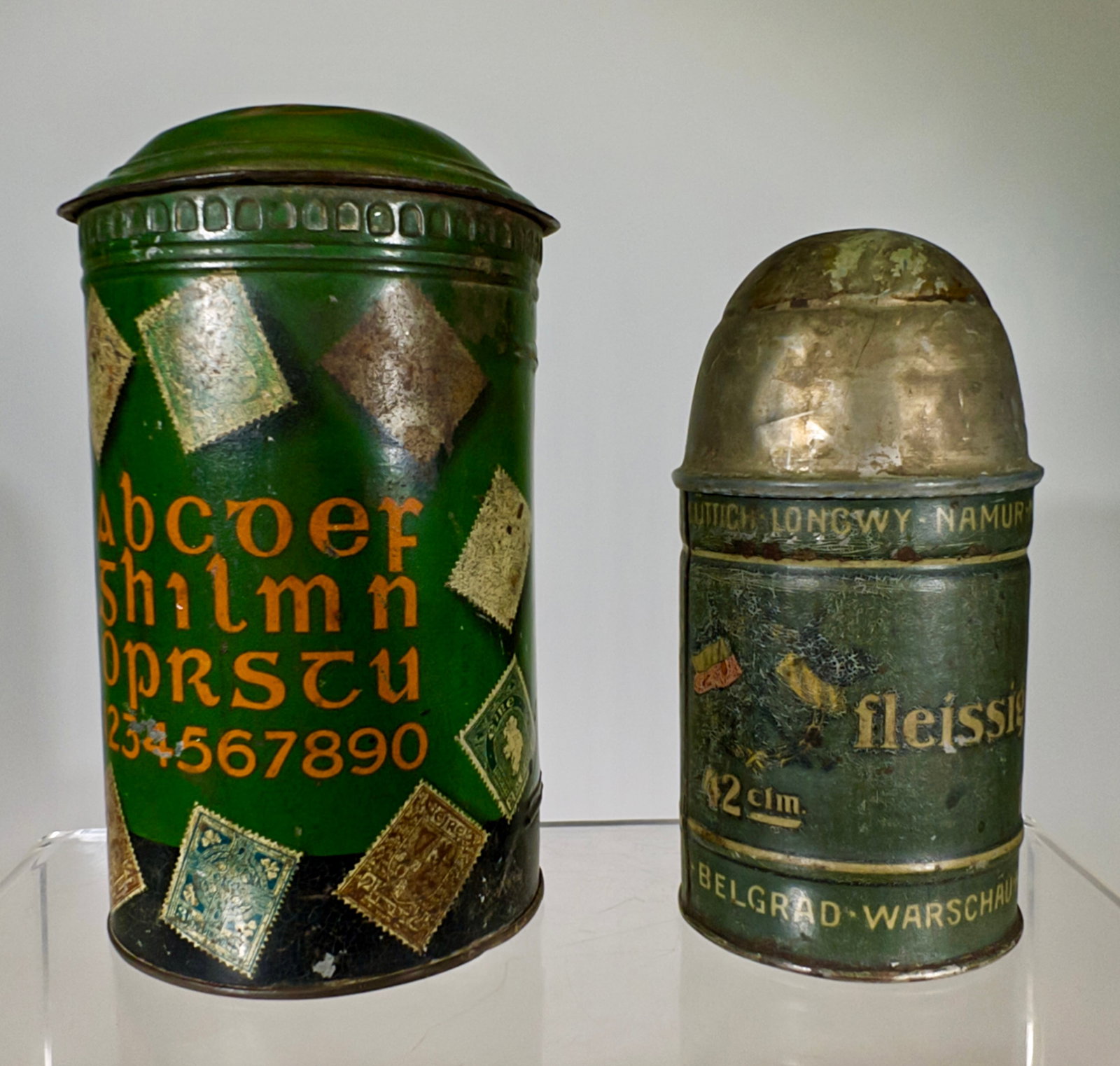 Two Larger Tin Still Banks - Postal Bank/Big Bertha Bomb: European 1920's - Taller is 6"T x 3 1/2"W