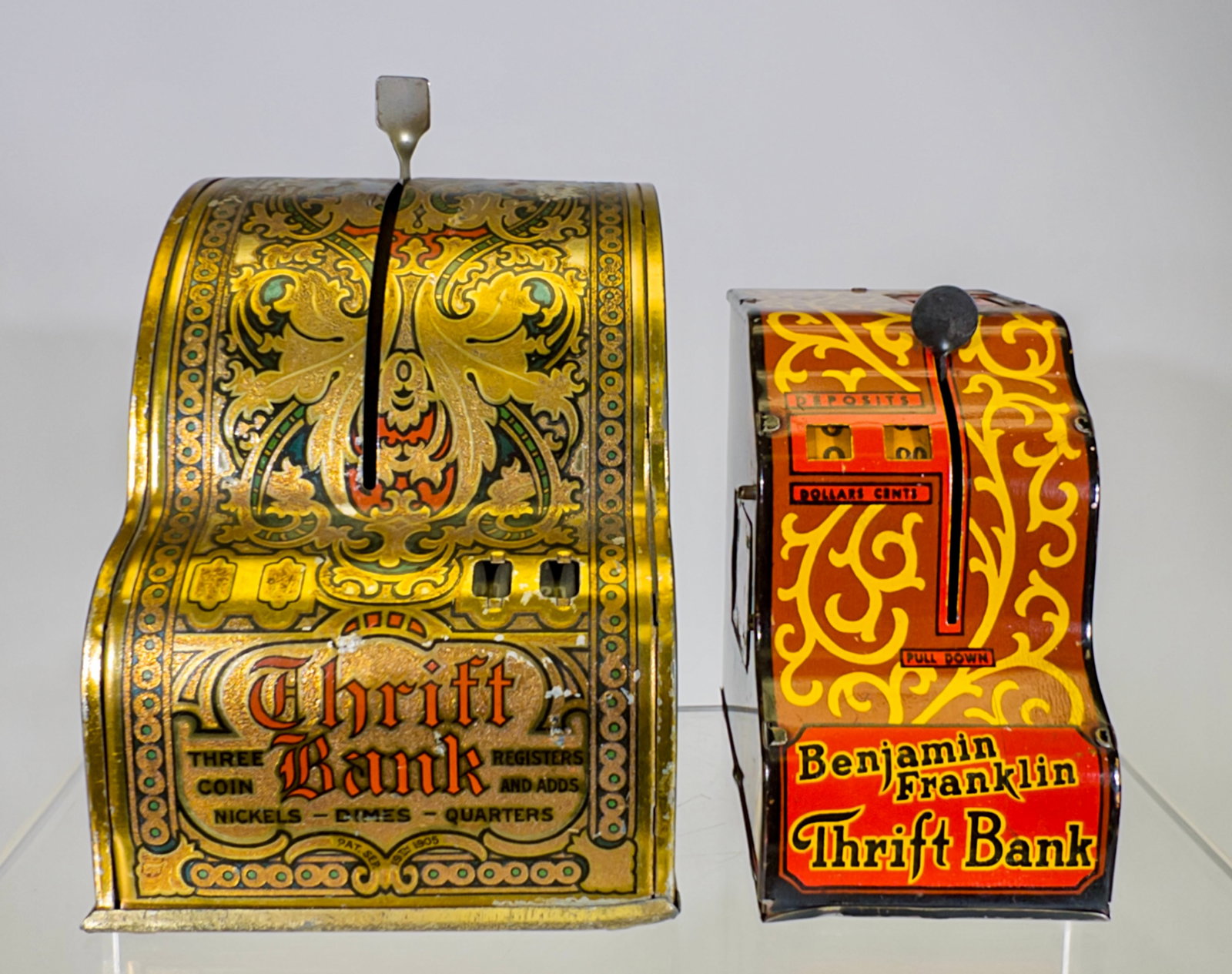 Two Cash Register Recording Banks: American 1910/1930's - Thrift Bank is 6"T x 5 1/4"D