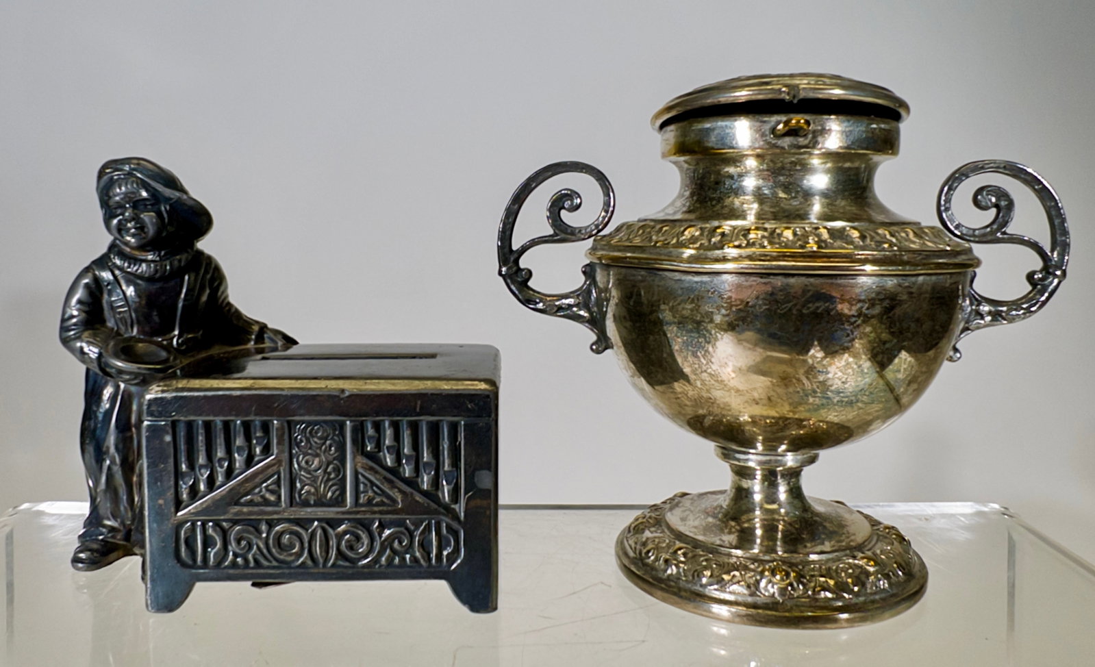 Two Silver Plated Banks: European 1920 - Vase is 3 1/2"T x 4 1/4"W