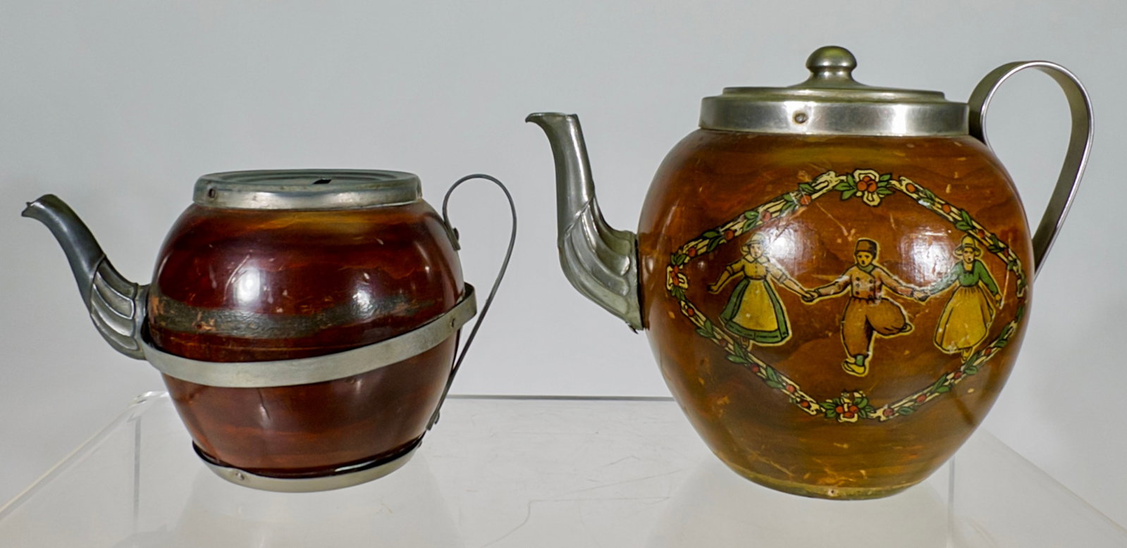 Two Wooden/Tin Teapot Banks: European 1920's - Larger is 4"T x 5 1/4"W