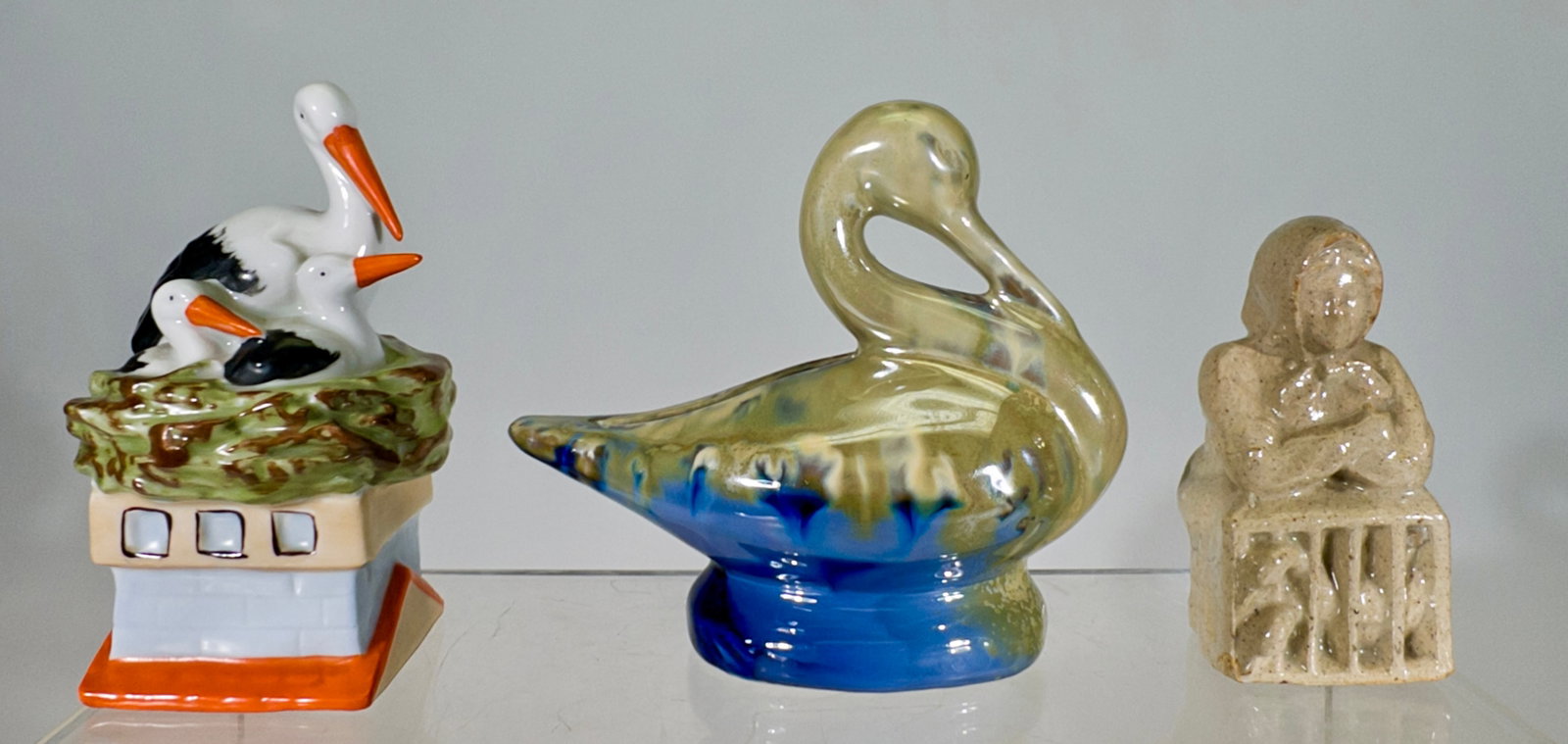 Three Ceramic Bird Themed Banks: European 1900 to 1930 - Tallest is 4"