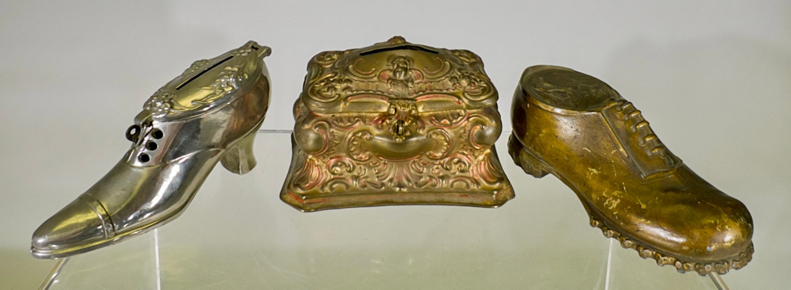 Two Shoe Banks / Ornate Box Bank - Silvered or Gilt Lead: German 1920/30's - Box is 2 1/4"T x 3 7/8"W
