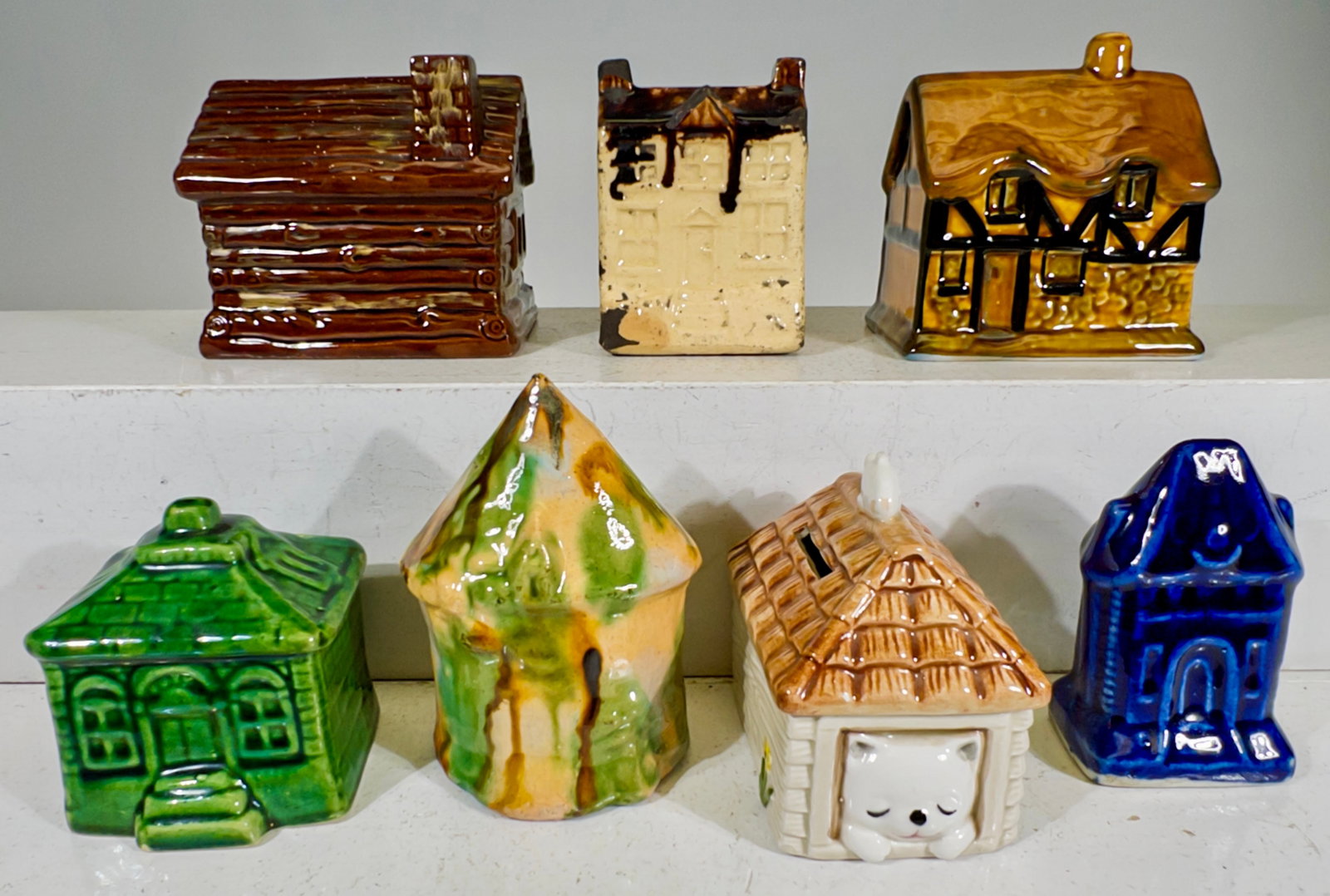 Seven Ceramic Building Banks: Most European 1910 to 1970 - Largest is 4"T x 4 1/8"W
