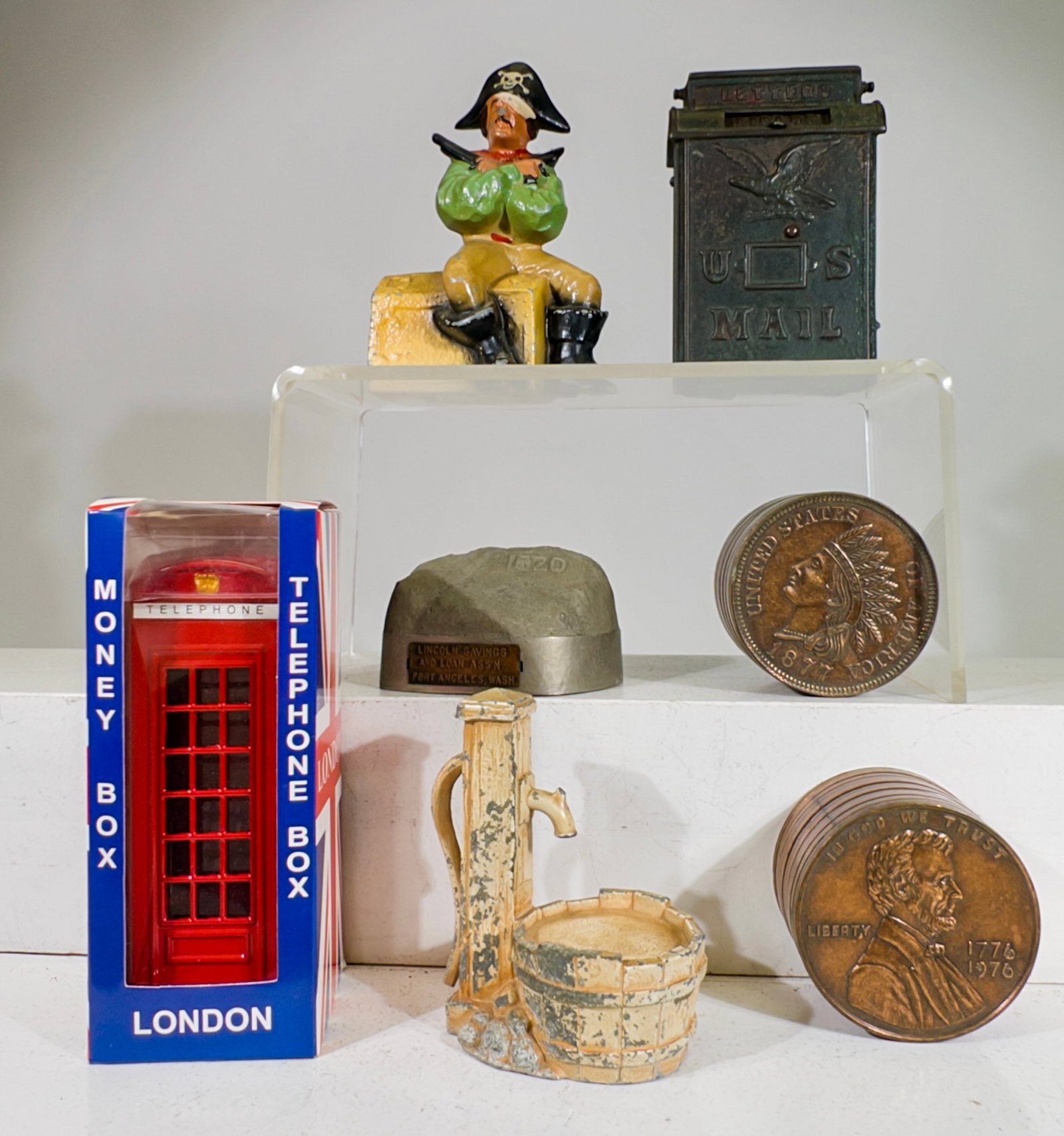 Six Assorted Still Banks: 1930's to 1980's - Telephone is 6 5/8"T x 2 3/4"W