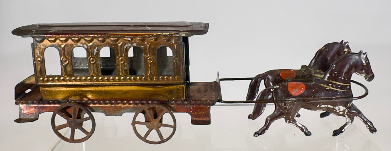 Two Horse American Tin Trolley: James Fallows Co. - Philadelphia 1890 - 3 3/4"T x 11"L