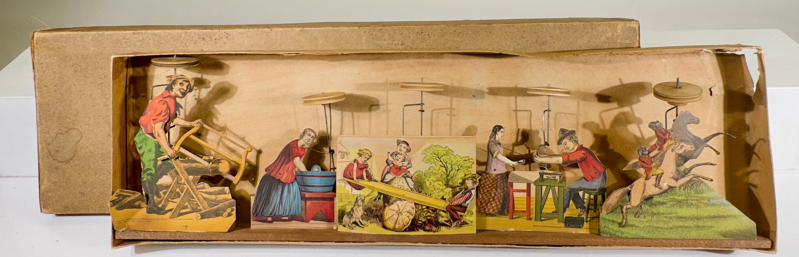 Fantastic Paper and Wood Steam Toy Attachment: Ives, Blakeslee Company - Bridgeport, CT. 1880 - Box is 7"T x 22 3/4"L