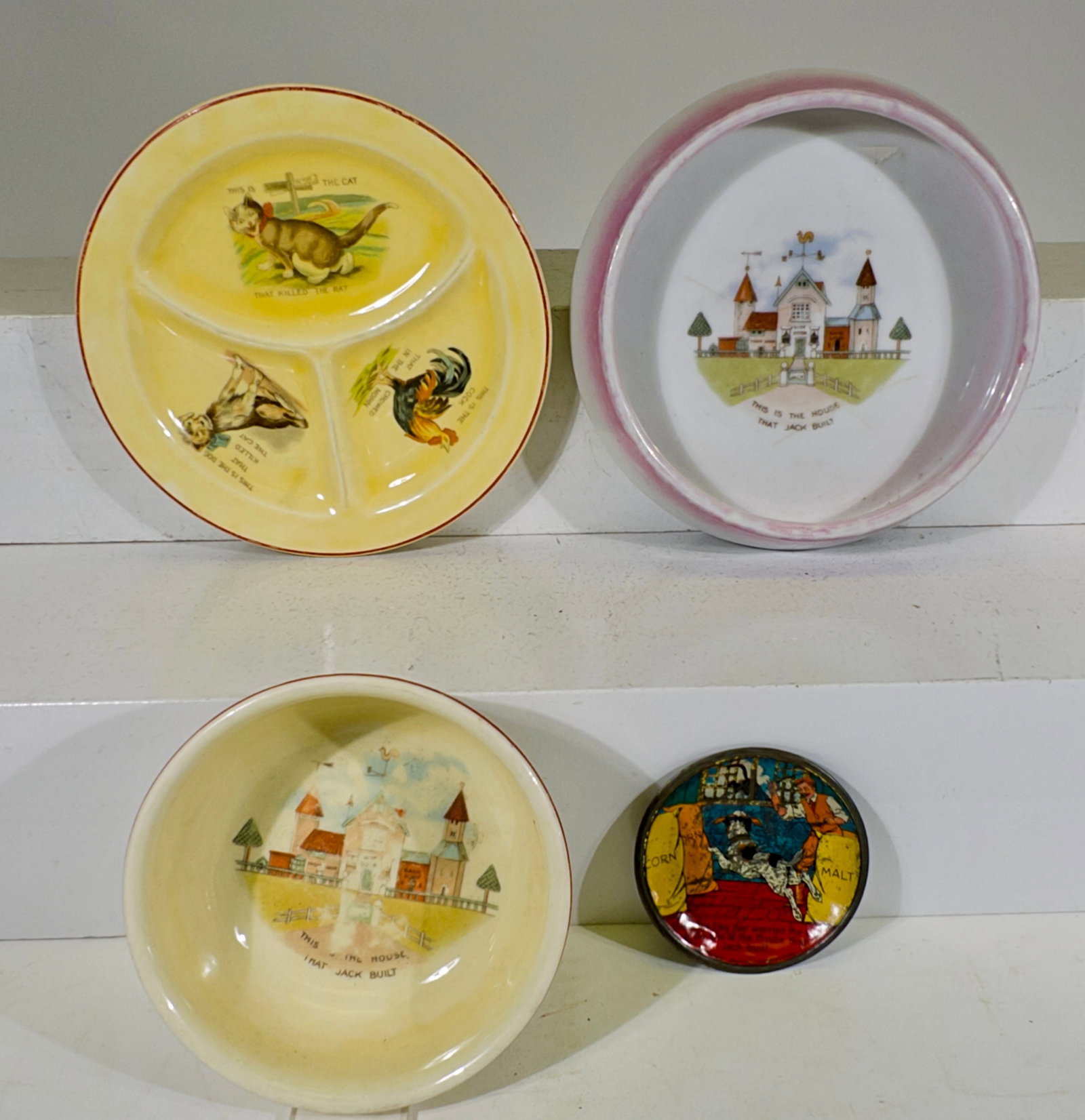 Three Porcelain Childrens Dishes on Small Tin Plate (1 of 2)
