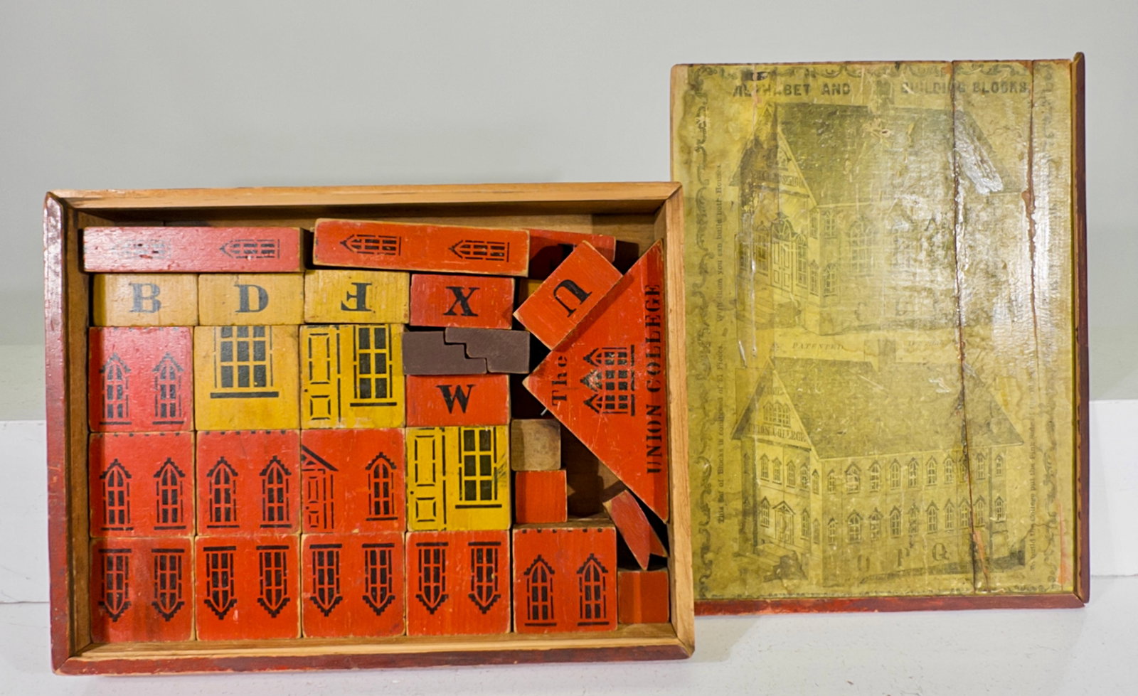 ABC Building Blocks for Union College: By S. Hill Manufacturing - Williamsburg, LI. 1865 - Box is 11"T x 8 1/4"W - Carl and Linda Thomas Collection