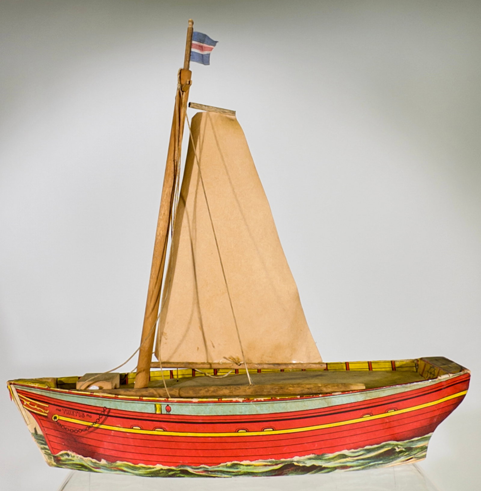 Thetis Sailboat - Paper Litho on Wood: American 1895 - 13 1/4"T x 13"L - Carl and Linda Thomas Collection