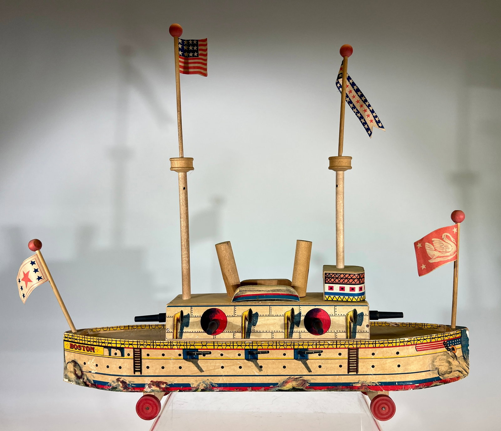 Boston Paper Litho Gun Boat: Made by Bliss Mfg. - Pawtucket, RI. 1895 - 18"T x 20"L - Carl and Linda Thomas Collection