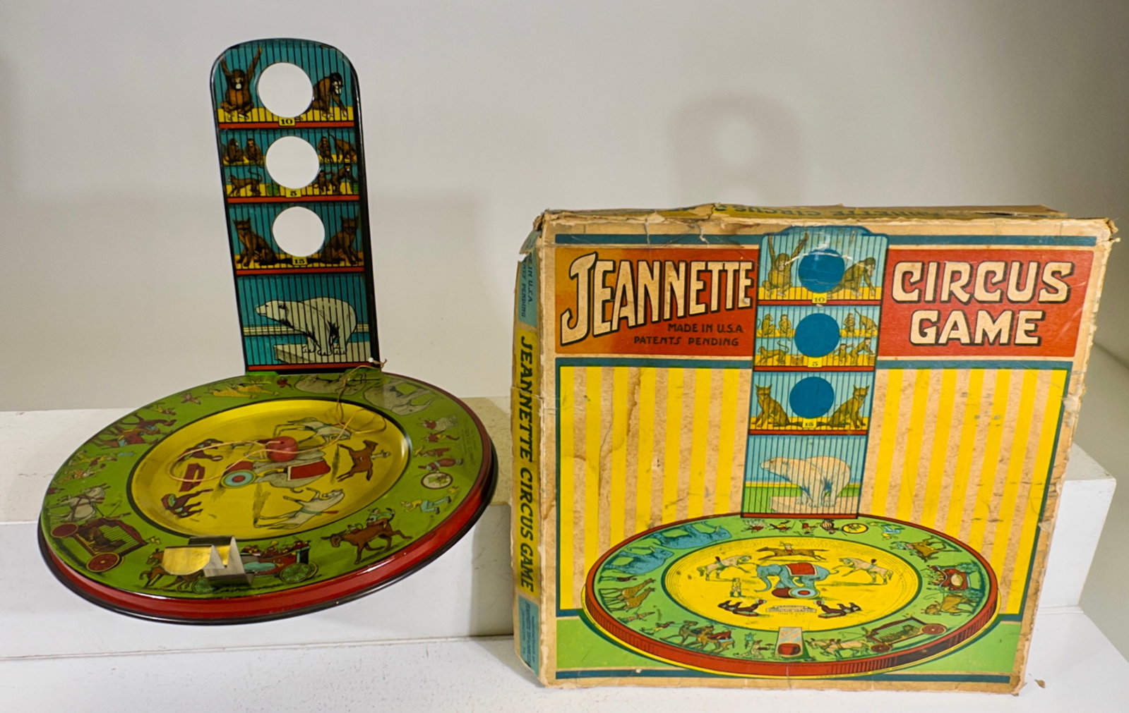 Jeanette Circus Game in cardboard Box: Jeanette Toy and Novelty Co. - Jeanette, PA. 1930 - 10"T x 10"Circular - Carl and Linda Thomas Collection