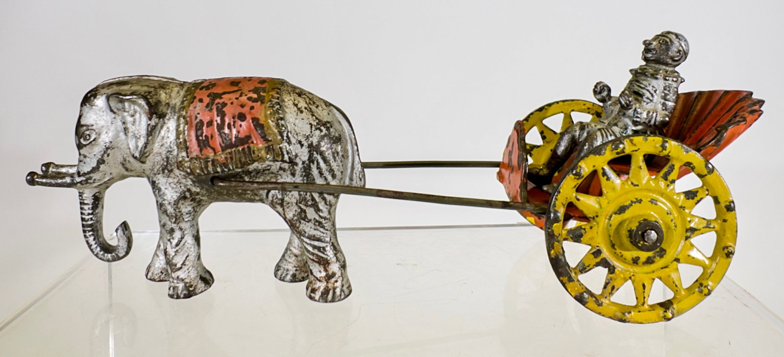 Shell Chariot Pulled by Elephant with Stiff Leg - Scarce: Harris Toy Co. - Toledo, OH. 1895 - 9 5/8"L x 3 1/4"T - The Olshefski Collection