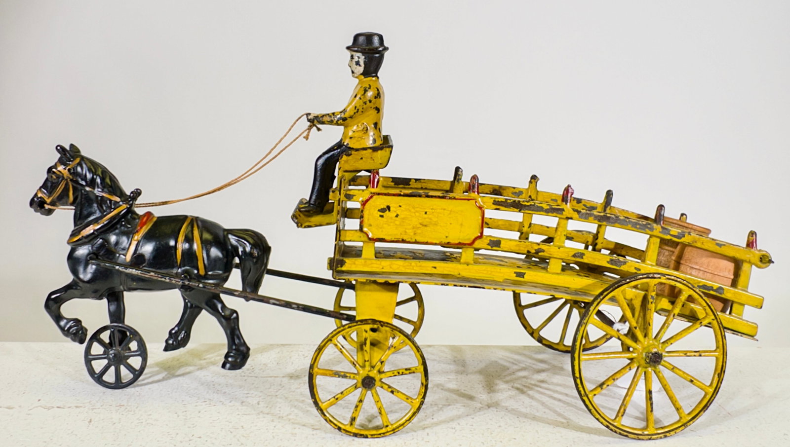 Single Horse Yellow Stake Wagon - Tin and Cast Iron (1 of 2)