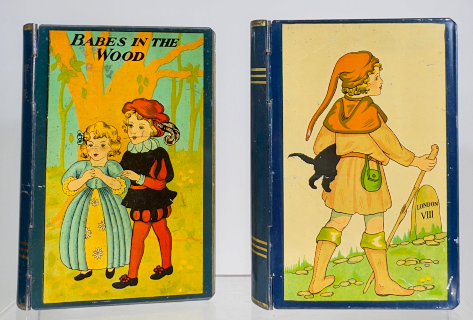 Two Tin Book Banks - Candy/Biscuit Boxes: English 1930 - 5 5/8"T x 4"W