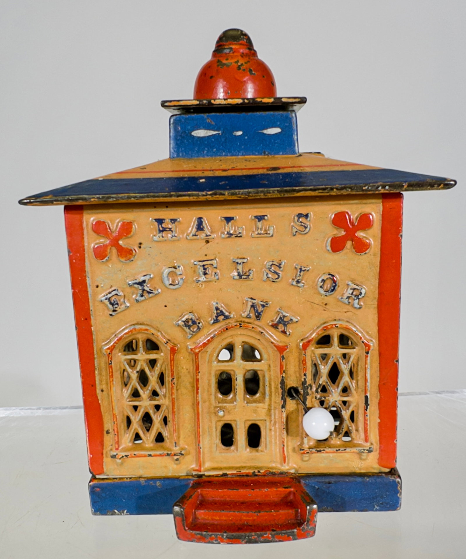Hall's Excelsior Bank - Scarce Pumpkin Color: J & E Stevens Co. - Cromwell, CT. 1870's - 5"T x 3 3/4"W