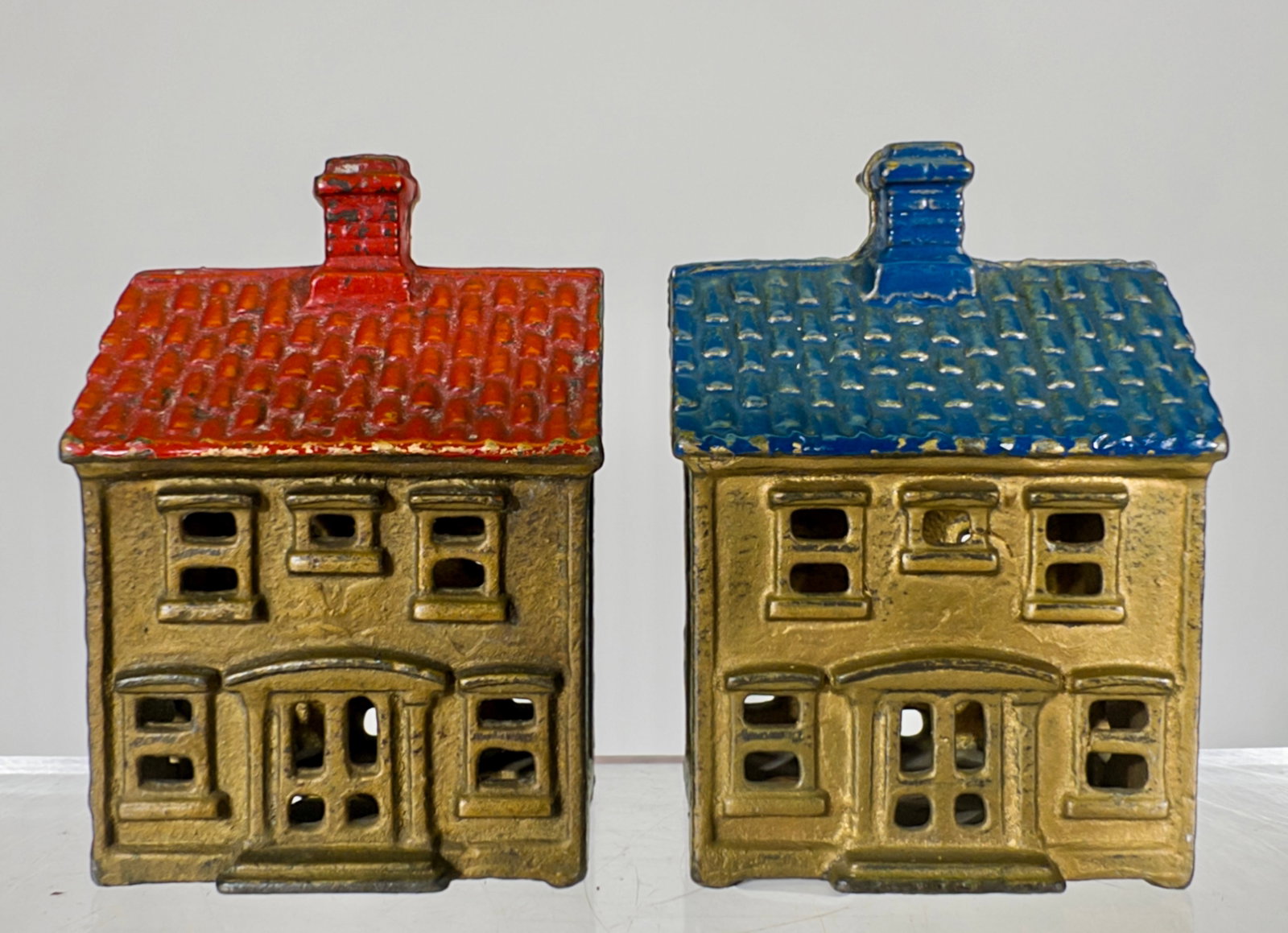 Two House Cast Iron Banks: A.C. Williams Co. - Ravenna, OH. 1920 - 3" T - Tom Kellogg Collection