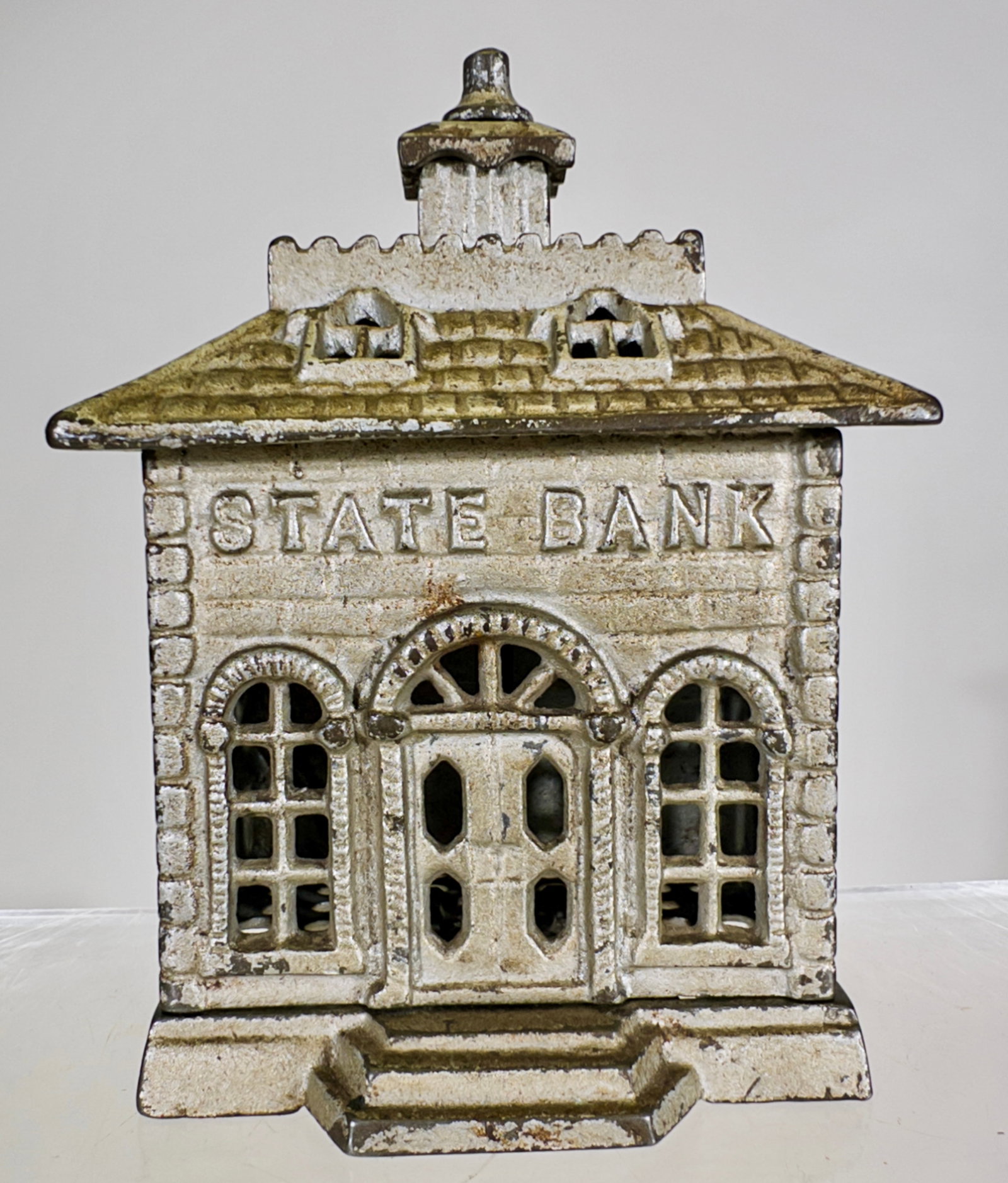 State Bank - Painted Silver: Grey Iron Casting Co. - Pennsylvania, 1900 - 5 3/4"T - Tom Kellogg Collection