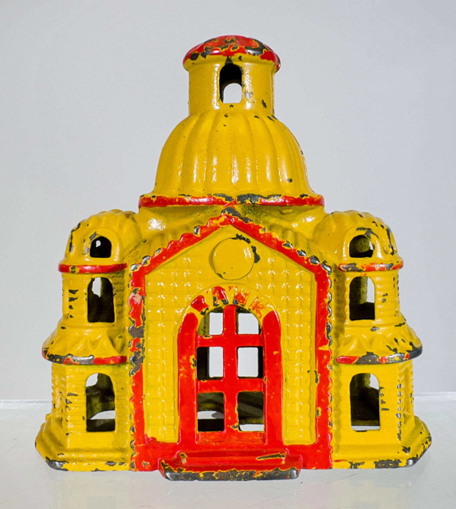 Mosque Bank - Medium Yellow with Red Trim Scarce: A.C. Williams Co. - Ravenna, OH. 1915 - 4 1/4"T - The Peirce Collection