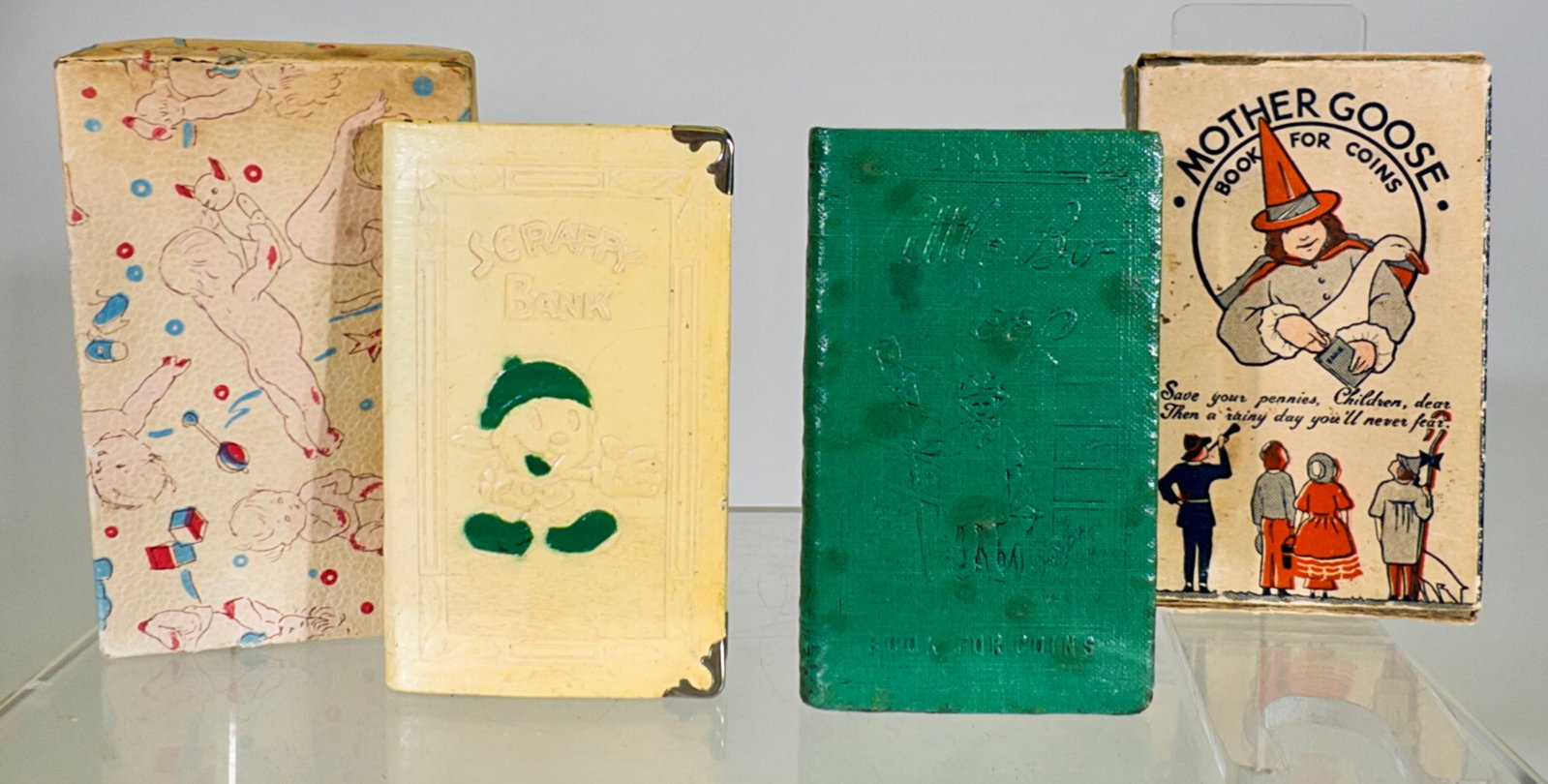 Little Bo Peep and Scrappy Book Banks: American 1930 - 4"T x 2 1/2"w - The Peirce Collection
