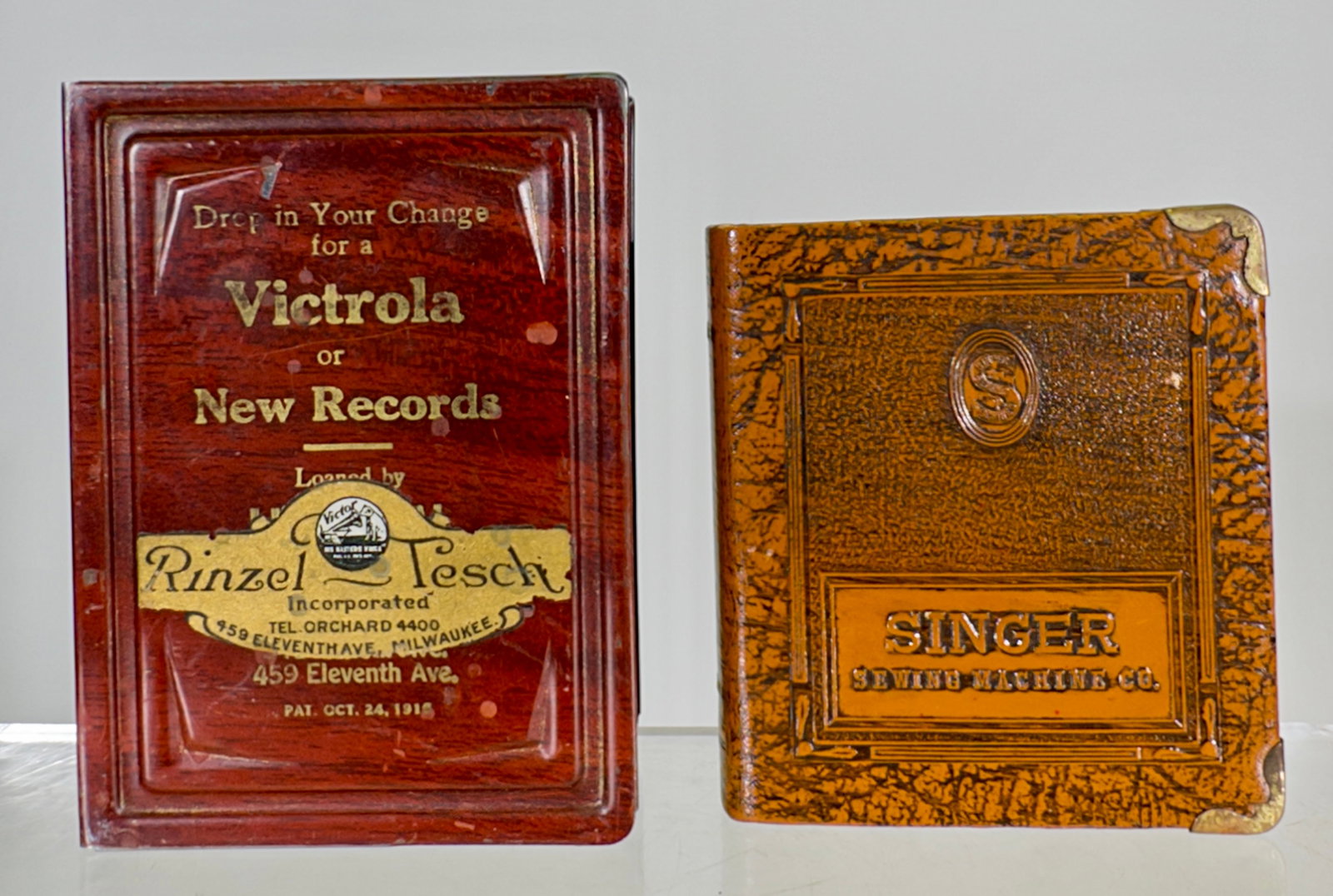 Singer Sawing Machine/Victrola Book Banks - One Tin/One Steel: American 1920 / 1930 - Taller is 4 1/4"T x 3"W - The Peirce Collection