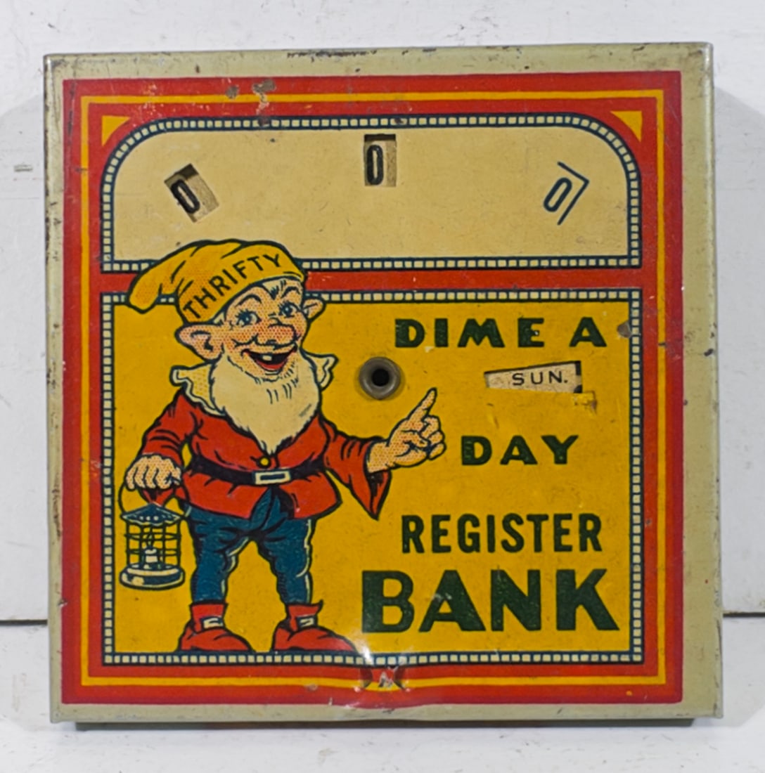 Thrifty Dime A Day Bank with Advertising (1 of 2)