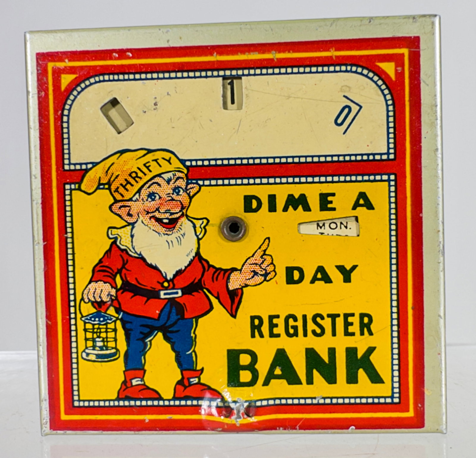 Thrifty Dime A Day Bank with Advertising (1 of 2)