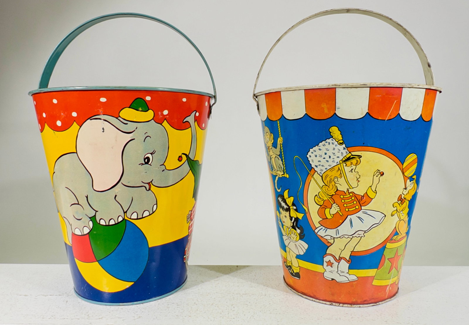 Two Tin Sand Pails: Ohio Art Company - Bryan, OH. 1950's - Larger is 10"T x 7"Circular