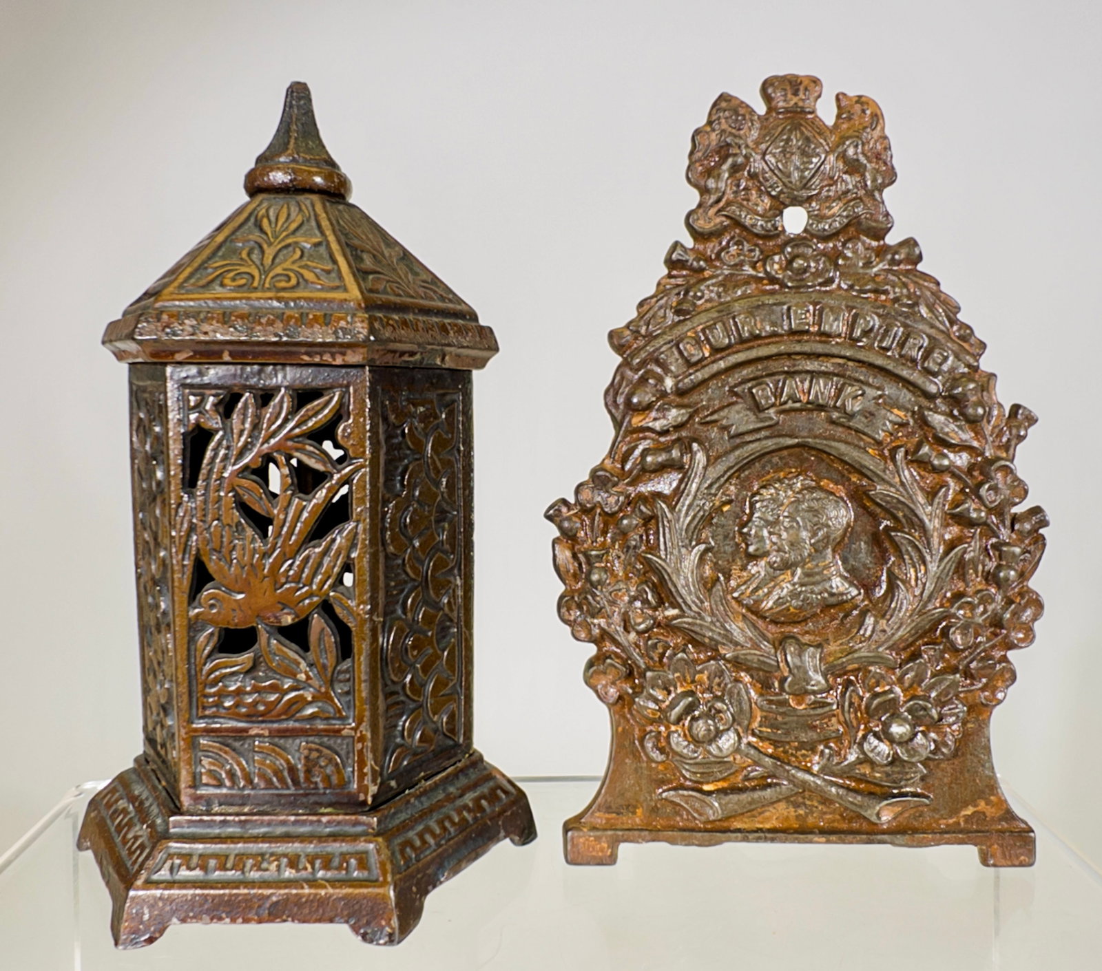 Space Heater with Bird and Our Empire Banks: English 1910 - 6 1/4"T