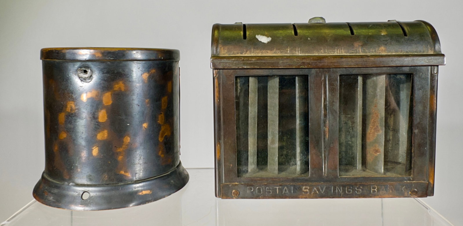 Two Copper Plated Tin Banks - U.S. Mail/Salvation Army Collection Box: American 1900's - U.S. Mail is 6"L
